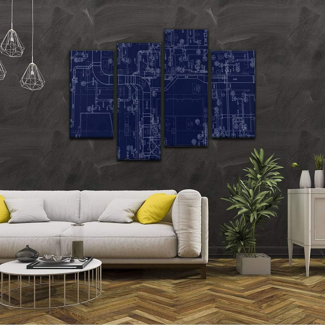 HIPOLOTUS 4 Panel Canvas Pictures HVAC Blueprint Wall Art Prints Paintings Stretched & Framed Poster Home Living Room Decoration Ready to Hang Color9