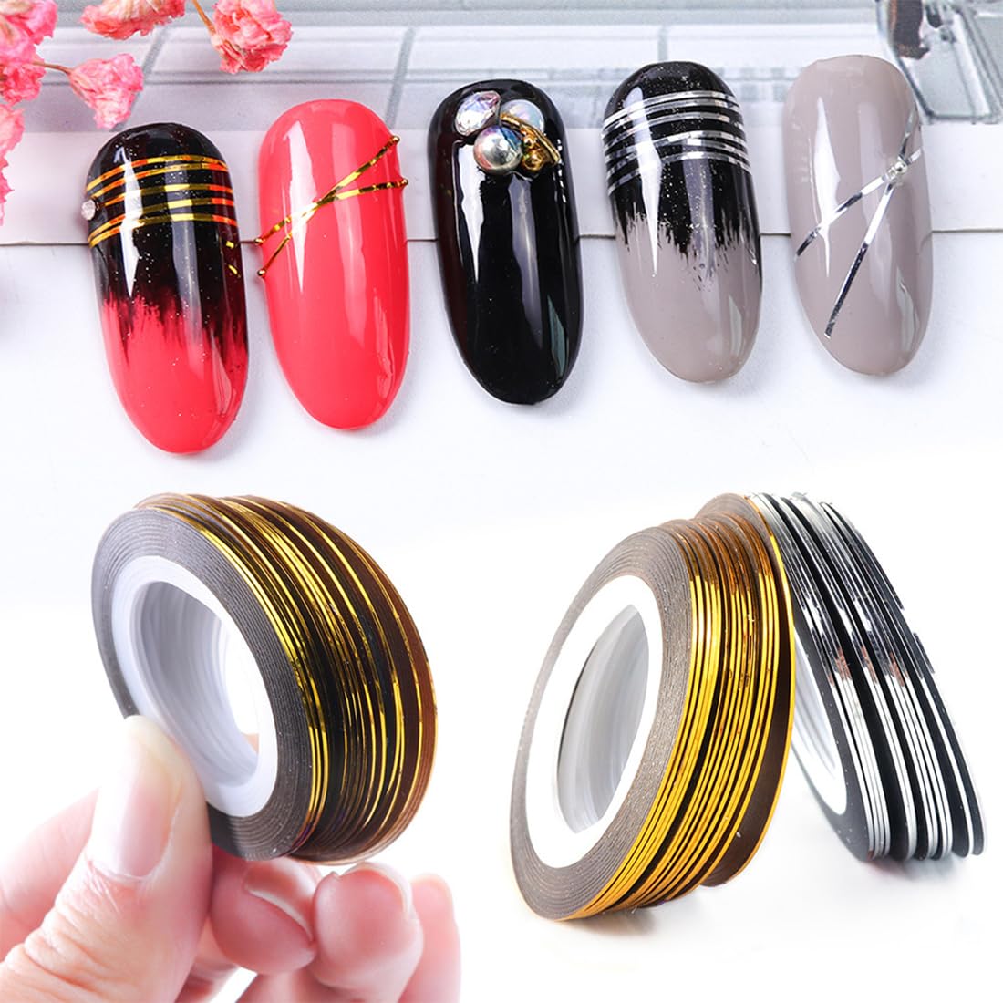 20 pièce Ruban à rayures à ongles, decoration ongle, autocollant des bandes d'art, autocollant à ongles adhésif, décoration de ligne de nail art pour pointes de ongles bricolage