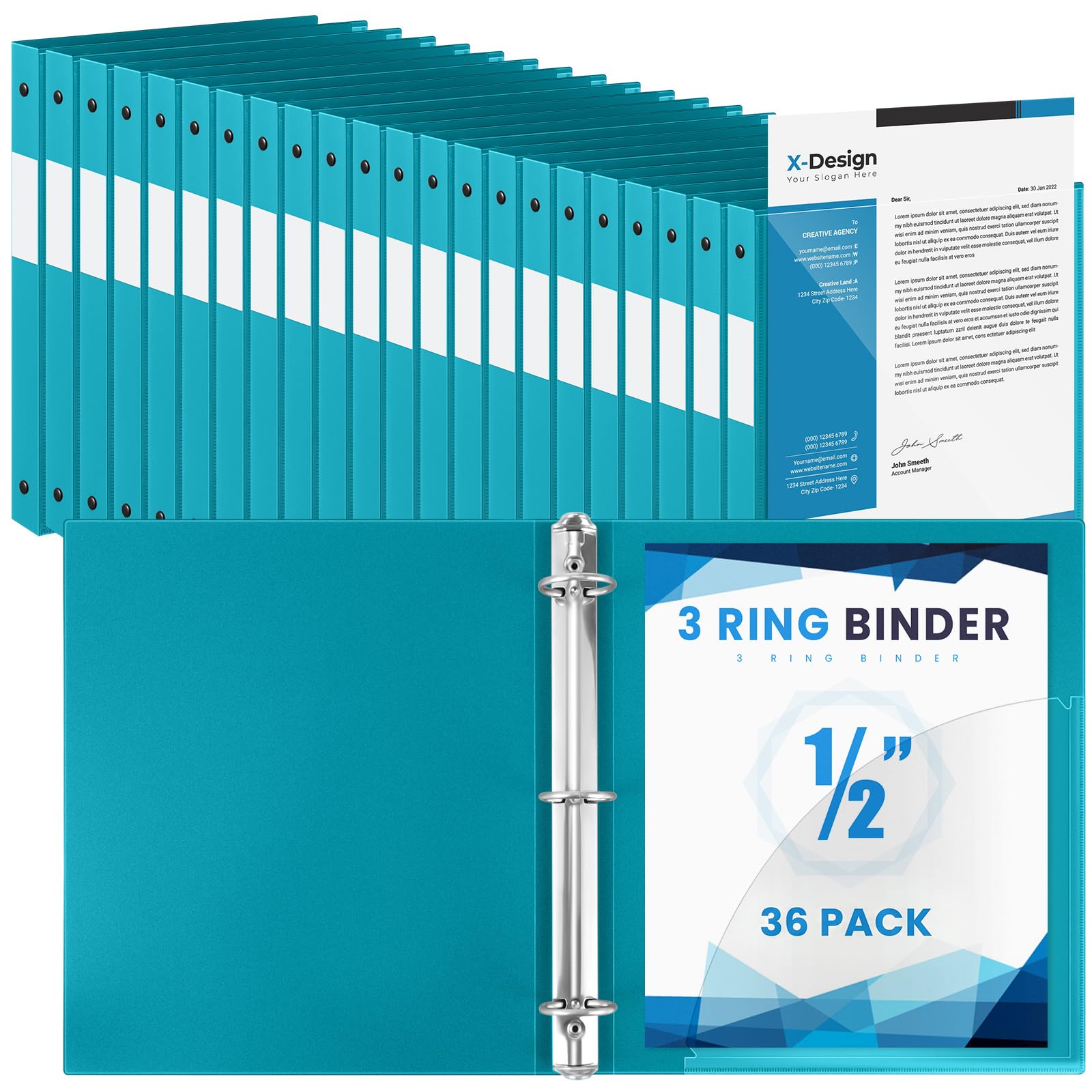 Henoyso 36 Pack 1/2 Inch 3 Ring Binder with Clear Cover Fit Letter Size 8.5" x 11" Paper Holds 140 Sheets, Bulk Binders for Organizing School, Office &amp; Classroom Documents, 1 Pocket (Turquoise)