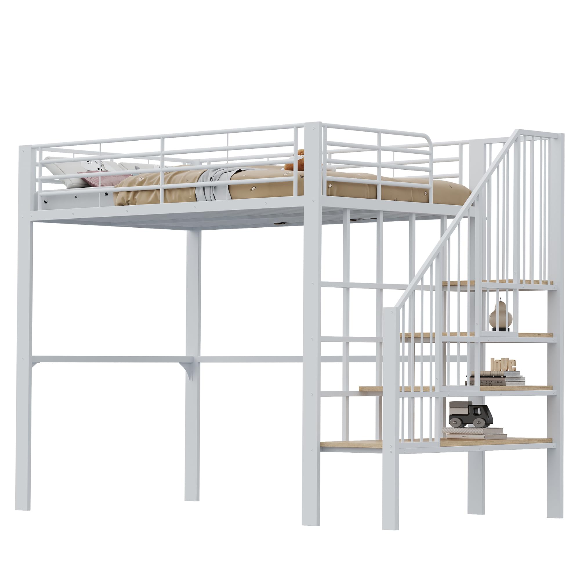 YESGIGA Hoogslaper met veiligheidsladder, kinderbed met ijzeren frame en legplank, jeugdbed, eenpersoonsbed (wit, 140x200