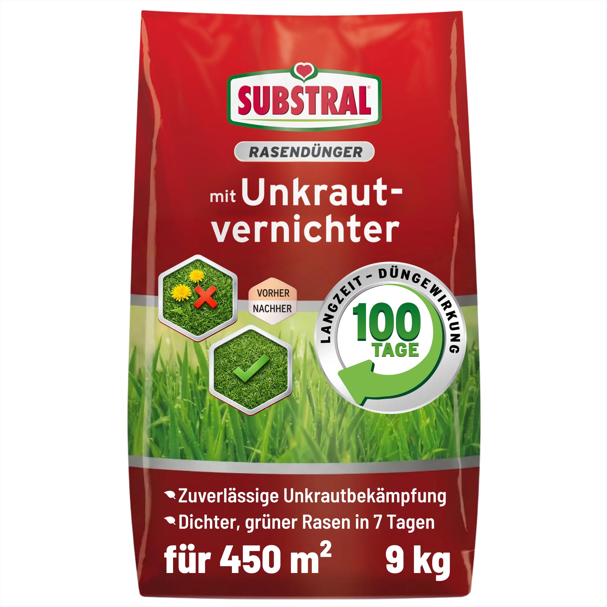 SUBSTRAL Rasendünger mit Unkrautvernichter, 9kg für 450qm - 2in1: Unkrautvernichtung + Düngung, 100 Tage Langzeitwirkung