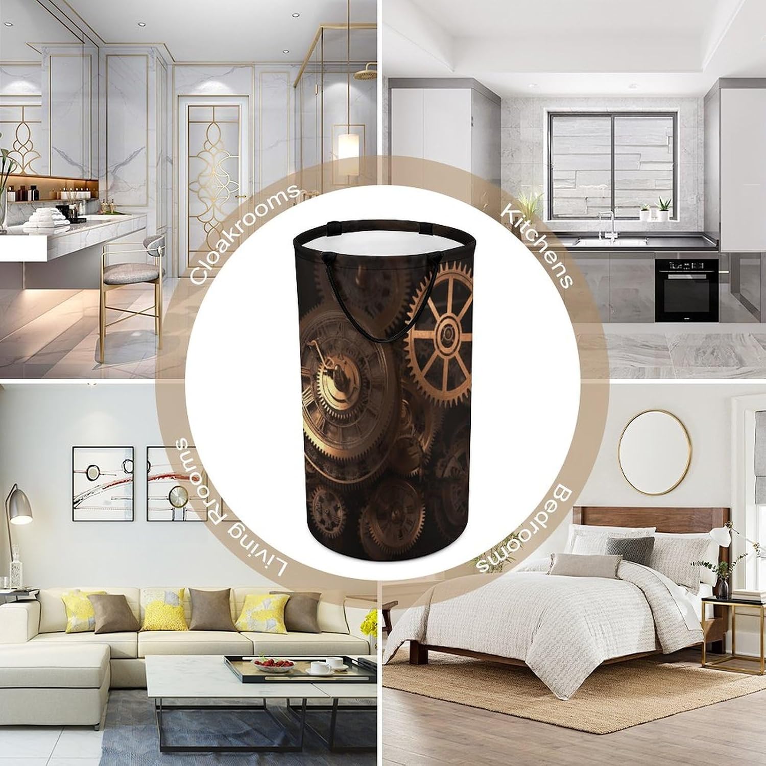 Gears Clock Bronze Century Laundry Basket Dirty Clothes Bin, Waterproof Laundry Hamper, Laundry Bag, Clothes Hamper Stands for Bedroom, Towels,Clothings image 5
