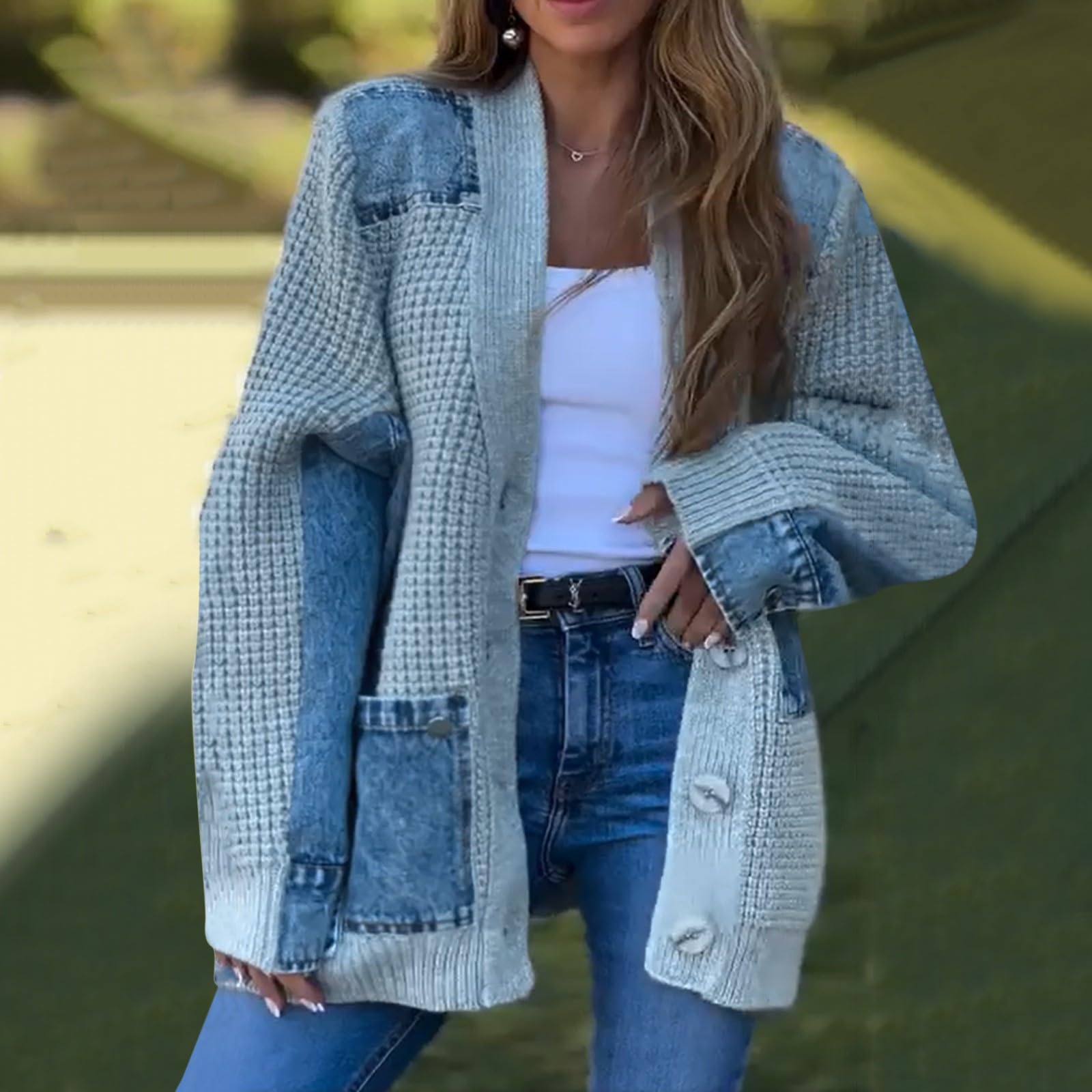 Chaqueta acolchada para mujer – Chaqueta de lana para mujer de punto de punto chaqueta Patchwork sudadera transpirable Tops ocio Chaquetas con múltiples bolsillos Cardigan con botón Chaquetas Thin