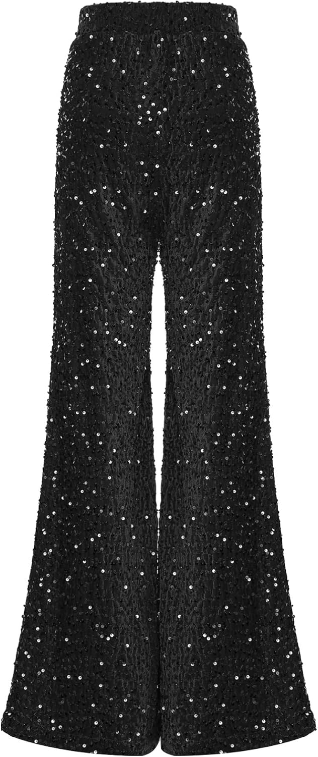 Linjinx Women Sequin Pants High Waisted Sparkly Wide Leg Trousers Bling Glitter Dance Pants Daily Life