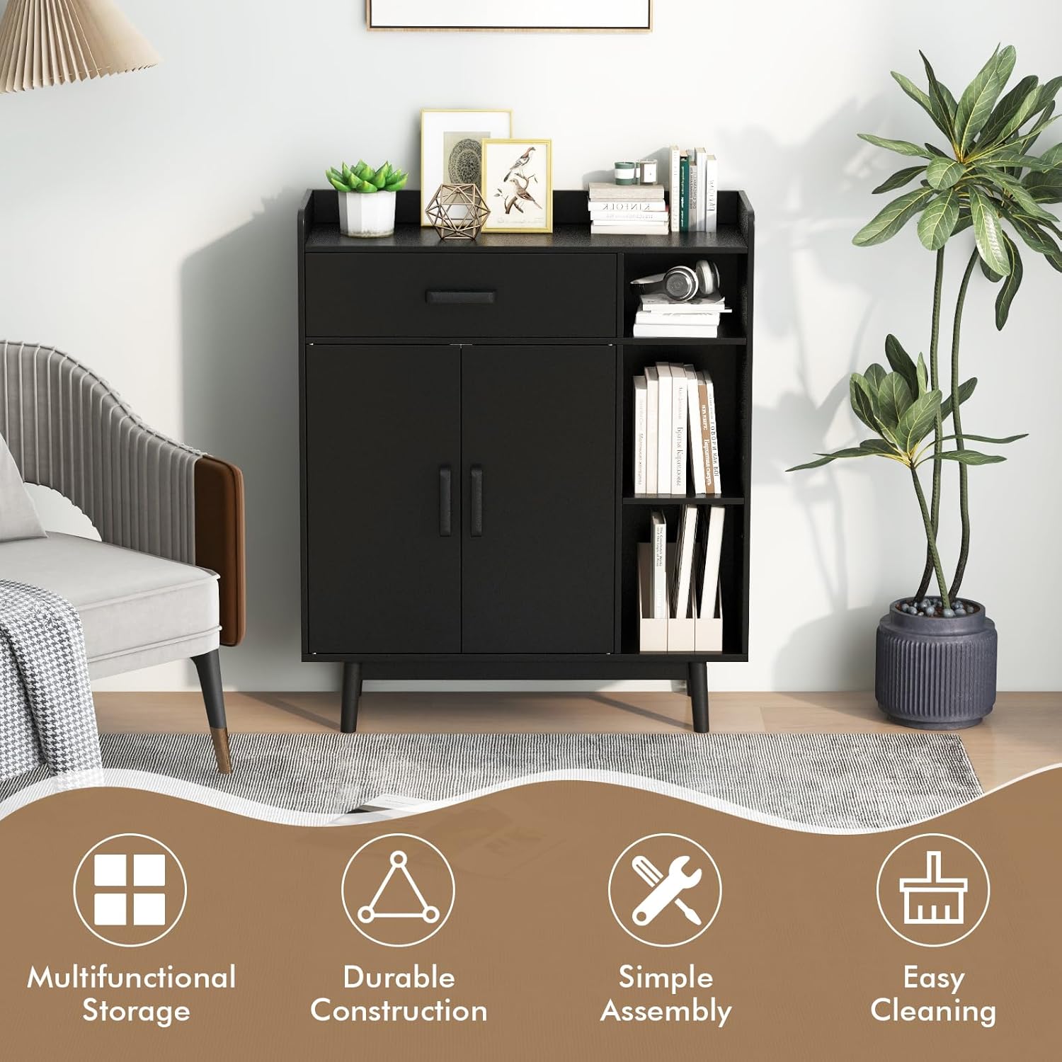 Giantex Floor Storage Cabinet, Freestanding Cupboard with 1 Drawer, 2 Doors, 3 Shelves, 4 Rubber Wood Legs, Sideboard, Entryway Unit for Home Office, Living Room, Storage Organizer (Black)