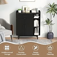 Vista 8 de Giantex Gabinete de Almacenamiento de Piso, Armario Independiente con 1 Cajón, 2 Puertas, 3 Estantes, 4 Patas de Madera de Caucho, Aparador, Unidad