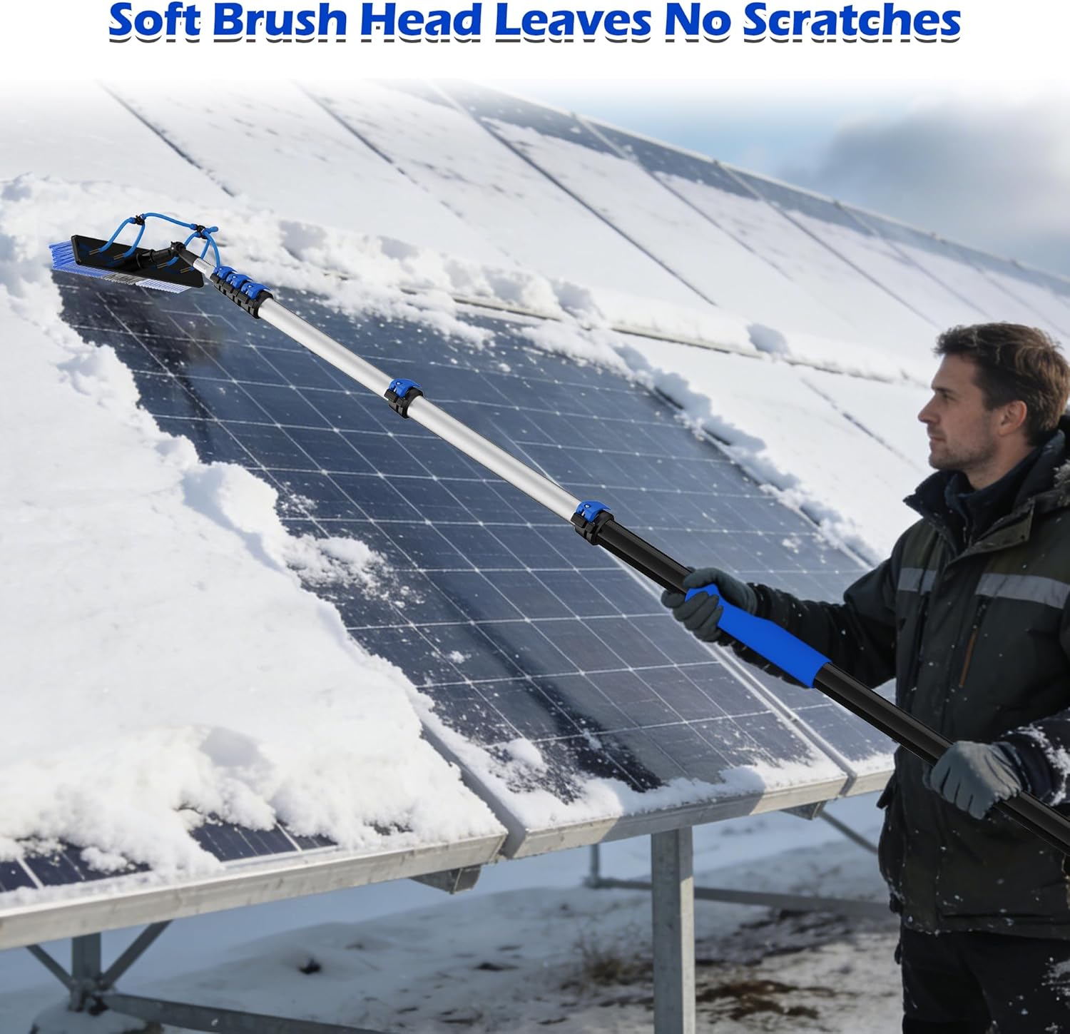26Ft Reach Solar Panel Cleaning Brush Kit with 5-20ft Telescoping Pole - Telescopic Extension Pole with Dual Action Flip-Lock & Screw Fixing Design, Ideal for Snow Removal, Windows, Boats, RVs, Decks