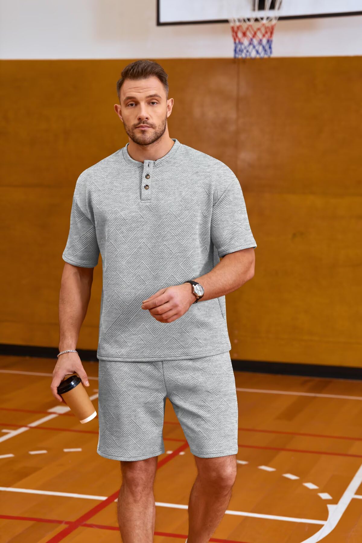 Remxi Herren Trainingsanzug 2 Teiliger Set Jacquard Henley Shirt Shorts Sets lässige Jogginganzüge Sommer Tracksuit Sets