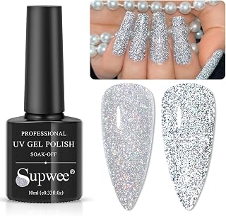SUPWEE Silver Reflective Glitter Gel Polish Sparkling Diamond Nail Gel Soak Off UV/LED Shiny Gel Holographic Glitter Gel Nail Varnish Manicure DIY At Home Salon