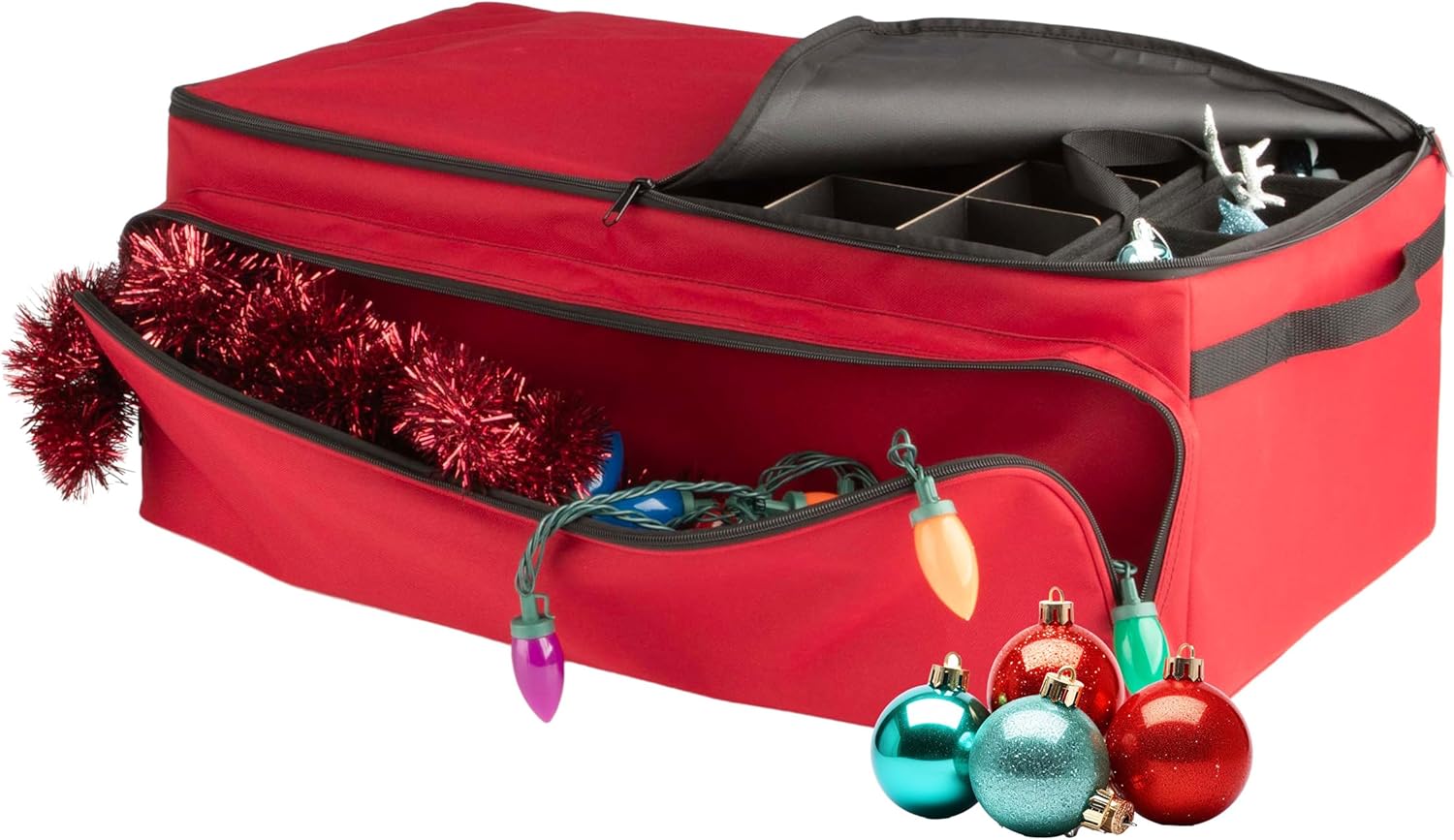 Christmas Ornament Storage Box - Christmas Ornament Organizer Storage Box with 3 Trays, Adjustable Grids, and Large Front Zipper Pocket - Fits up to 72 Bulbs and Decorations by Elf Stor (Red)