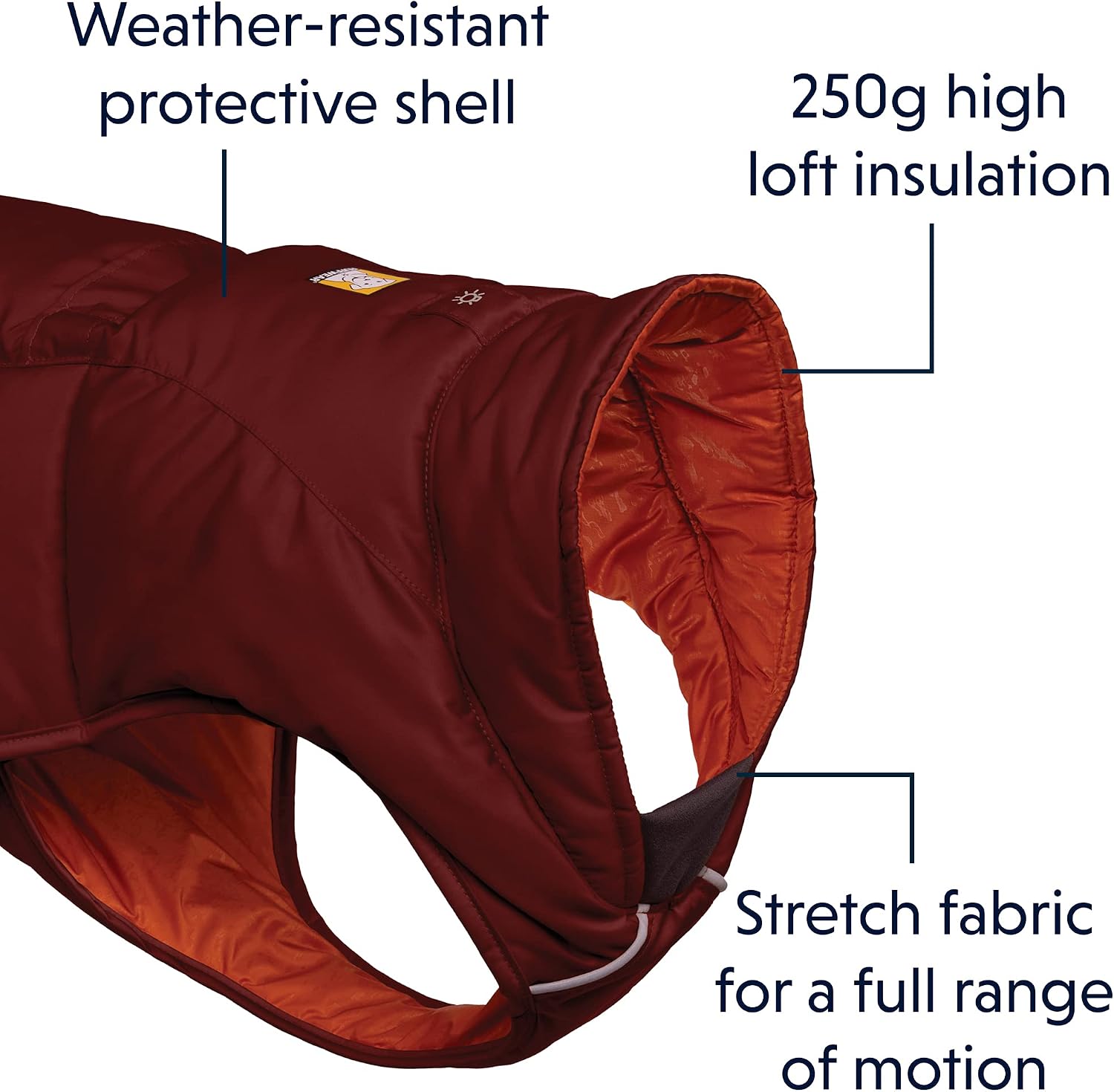 Ruffwear, Quinzee Dog Winter Jacket, Insulated Packable Puffer Vest with Leash Portal, Reflective Trim & Weather‑Resistant Shell, Adjustable Fit Coat, Harness Compatible, Fired Brick, X-Large