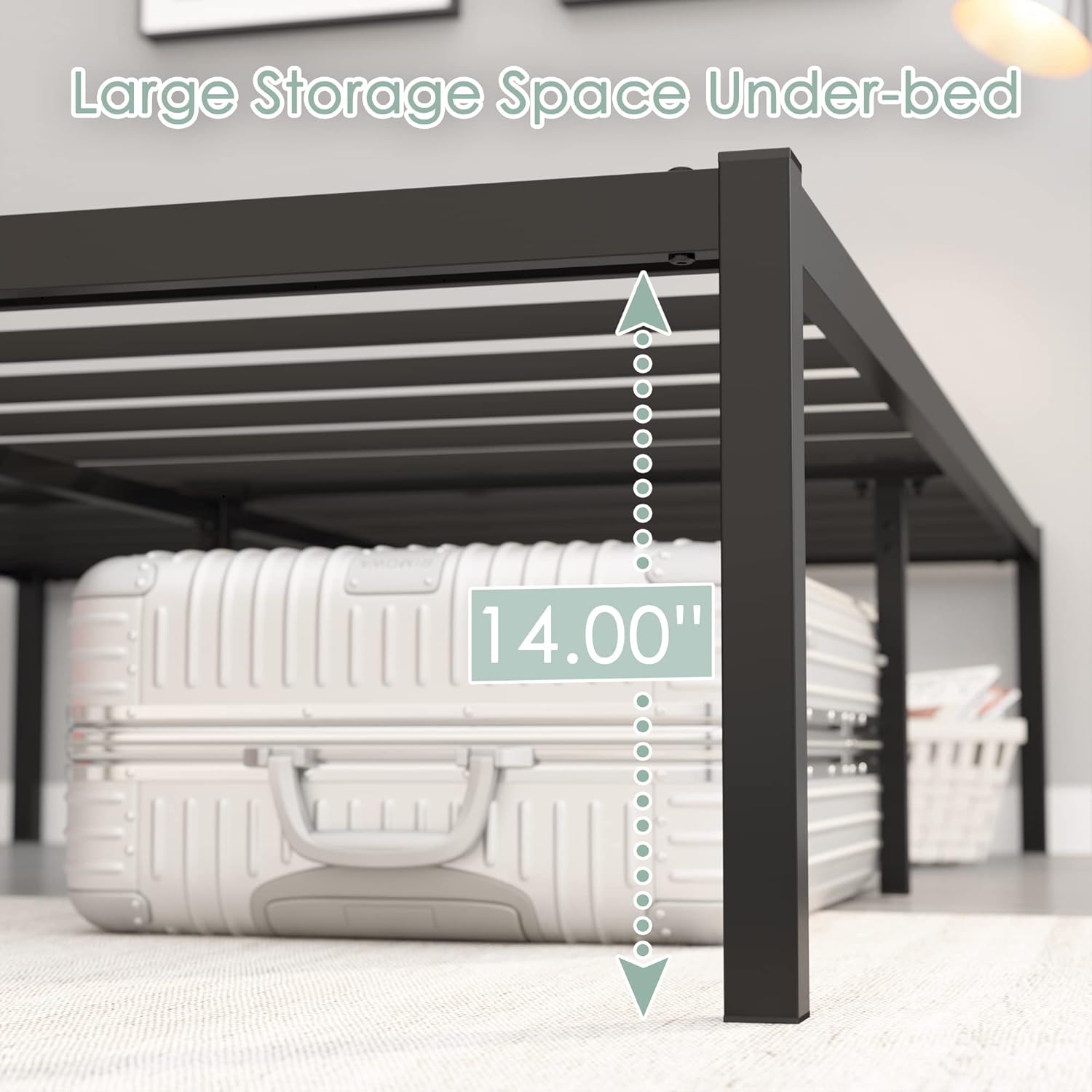 Bed frame with items stored underneath