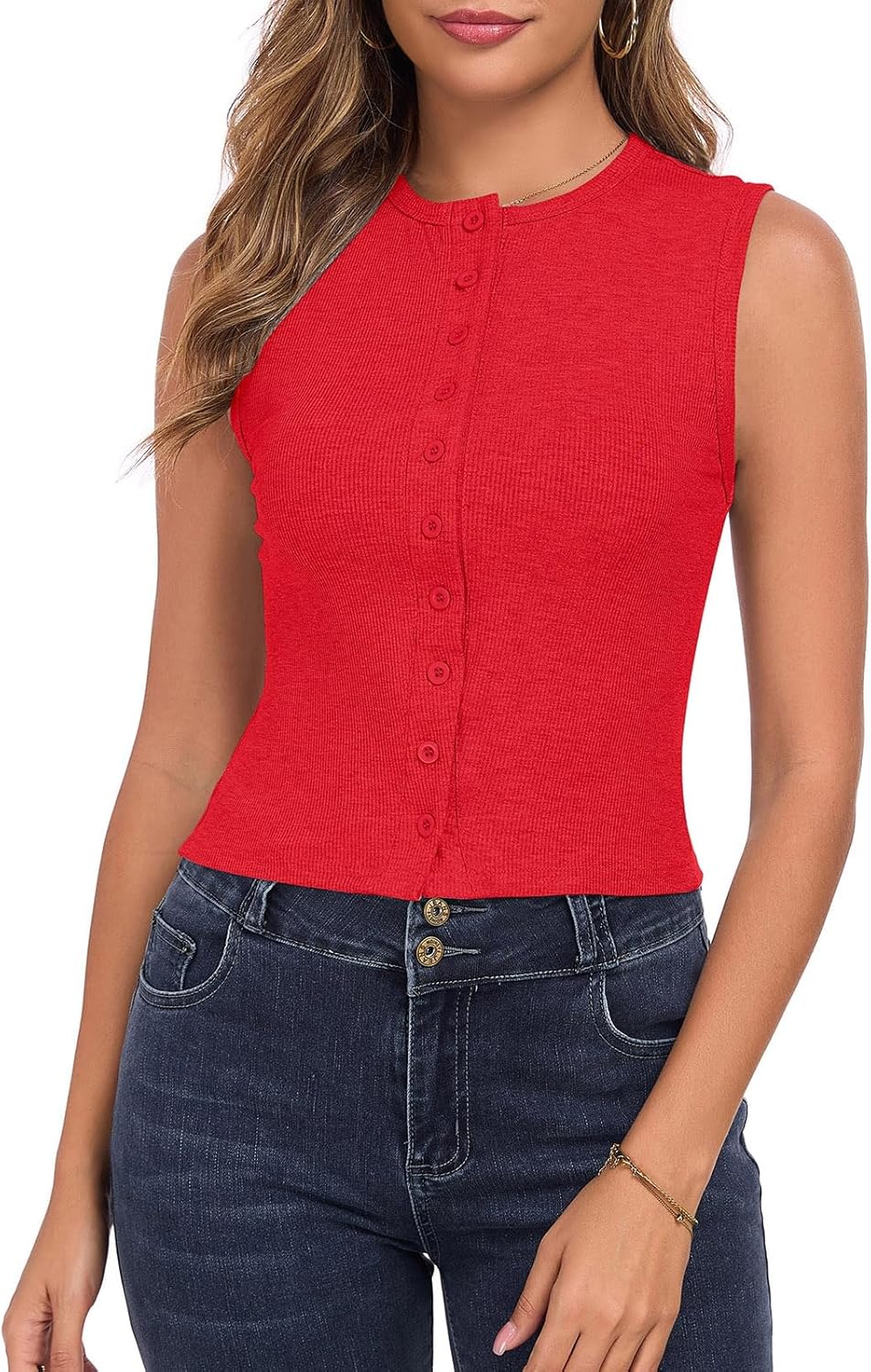 WOWULOVELY Women’s Button Down Tank Summer Vest Going Out Tops Sleeveless Ribbed Tees Open Front Y2K Shirts - Image 4