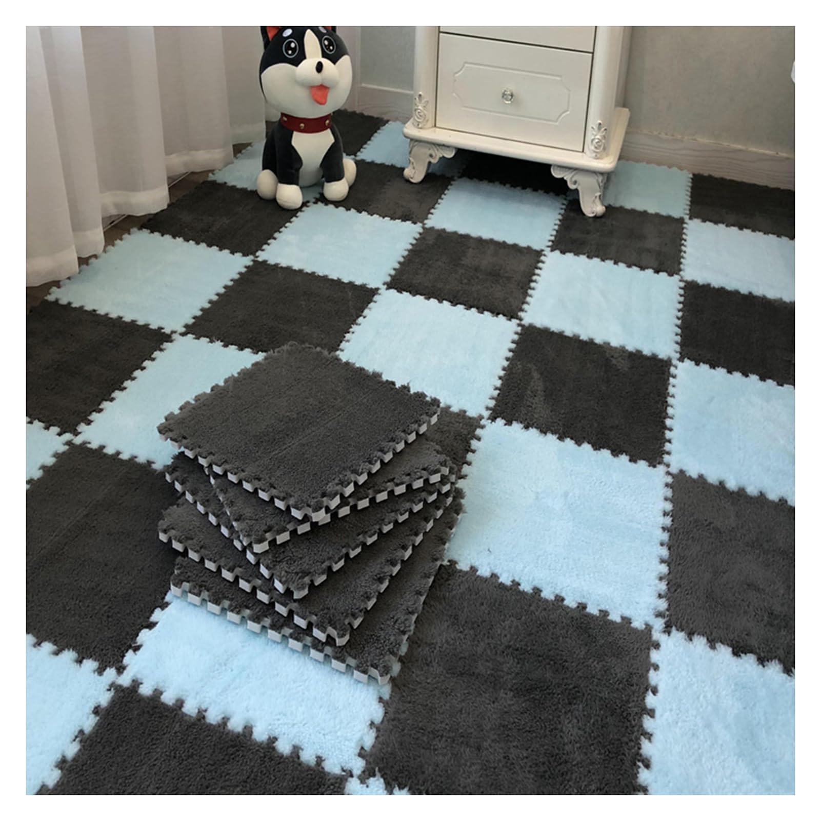 Tappeto in Schiuma di Peluche Splice Interlocking Carpet, 16 Pezzi Tappetino Interlocking, Tappetino in Schiuma Interlocking, Tappetino in Schiuma a Puzzle Quadrato,Dark Gray+Light Blue