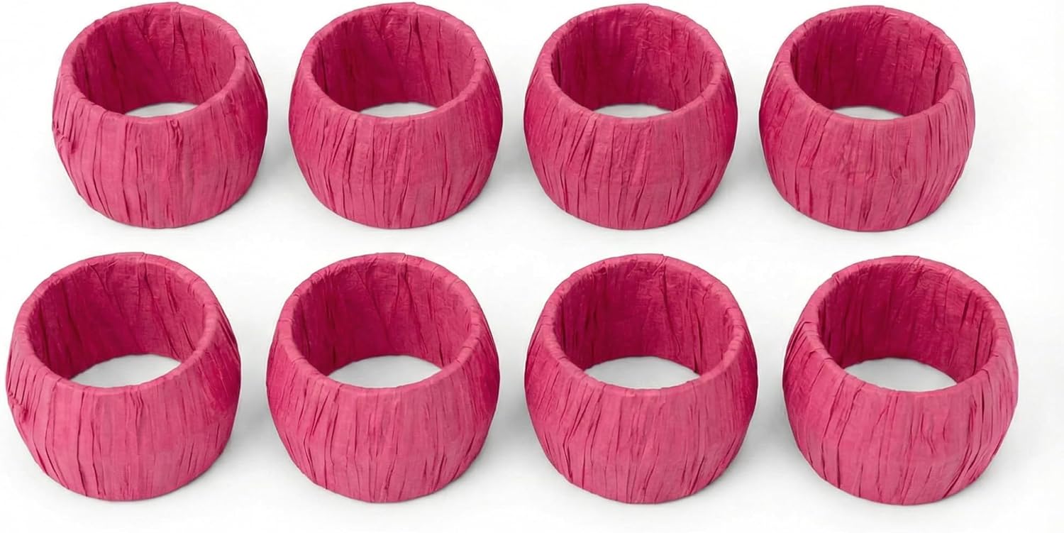 GURU JEE™ Handmade Raffia Rattan Napkin Rings Pink Set of 8 Everyday Use Dining Party Tabletop Décor Gifts Napkin Holder 1.5 Inch in Size Artisan Crafted in India