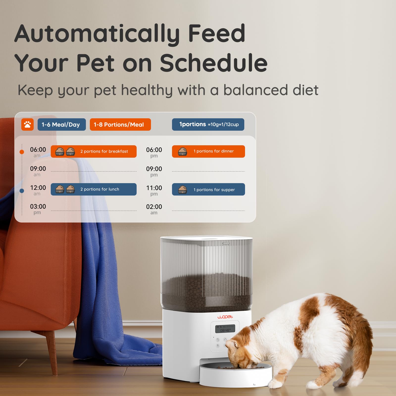 WOPET Automatic Cat Feeder, 4L Automatic Dog Feeder with 180-Day Battery Life, Programmable Cat Food Dispenser with Stainless Steel Bowl，1-6 Meals Per Day - image 5