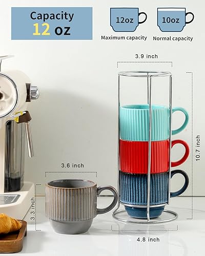 Vista 24 de Hasense Juego de 4 tazas de café de cerámica con soporte, 15 onzas, apilables, grandes, de porcelana, acanaladas, para capuchino, té, cacao