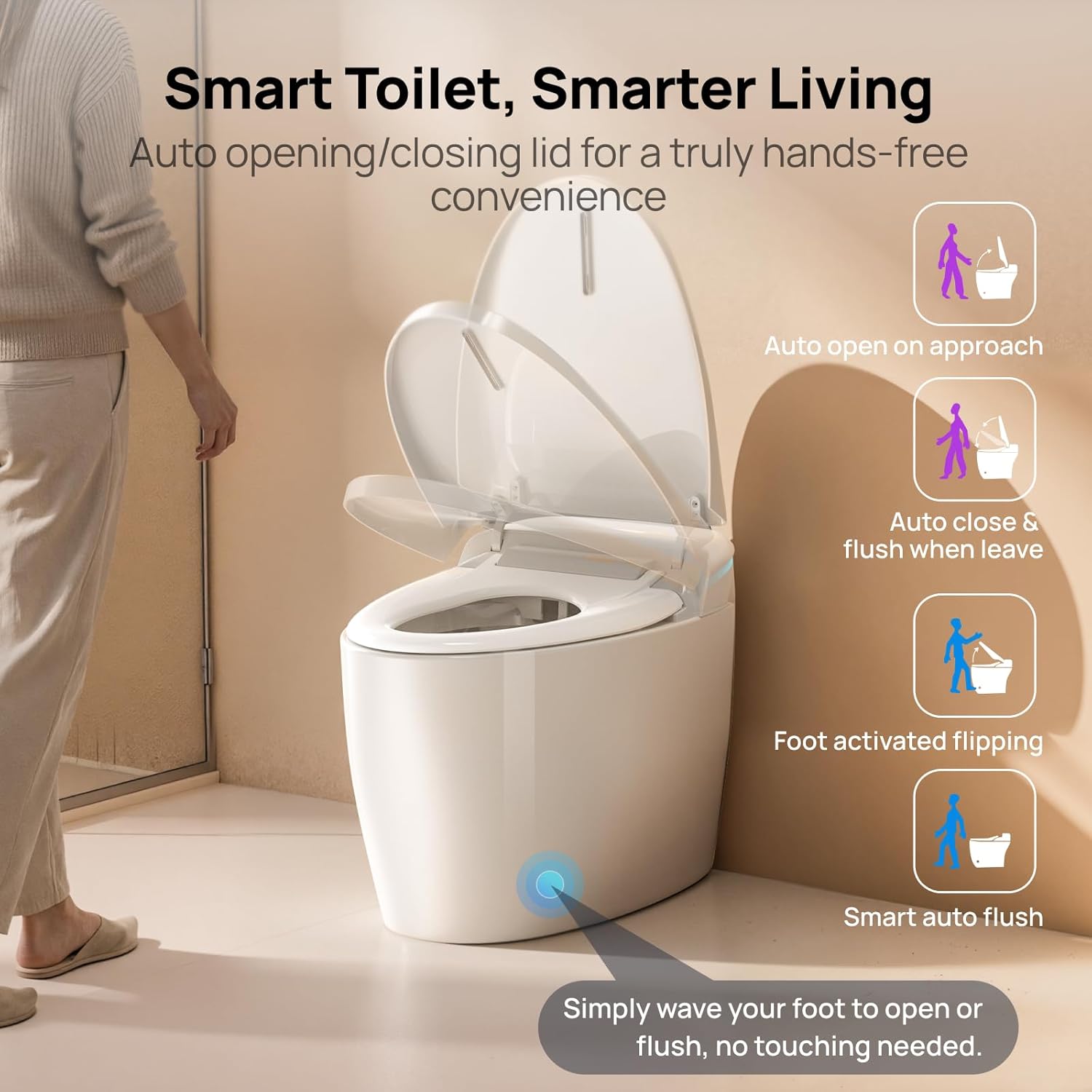 Smart Toilet with Bidet Built-in: Bidet Toilet with 4 Washing Modes Child Friendly, Toilet Bidet with Heated Seat, One Piece Toilet with Warm Water, Dryer, Remote, Foot Sensor, Auto Flush Lid&Seat