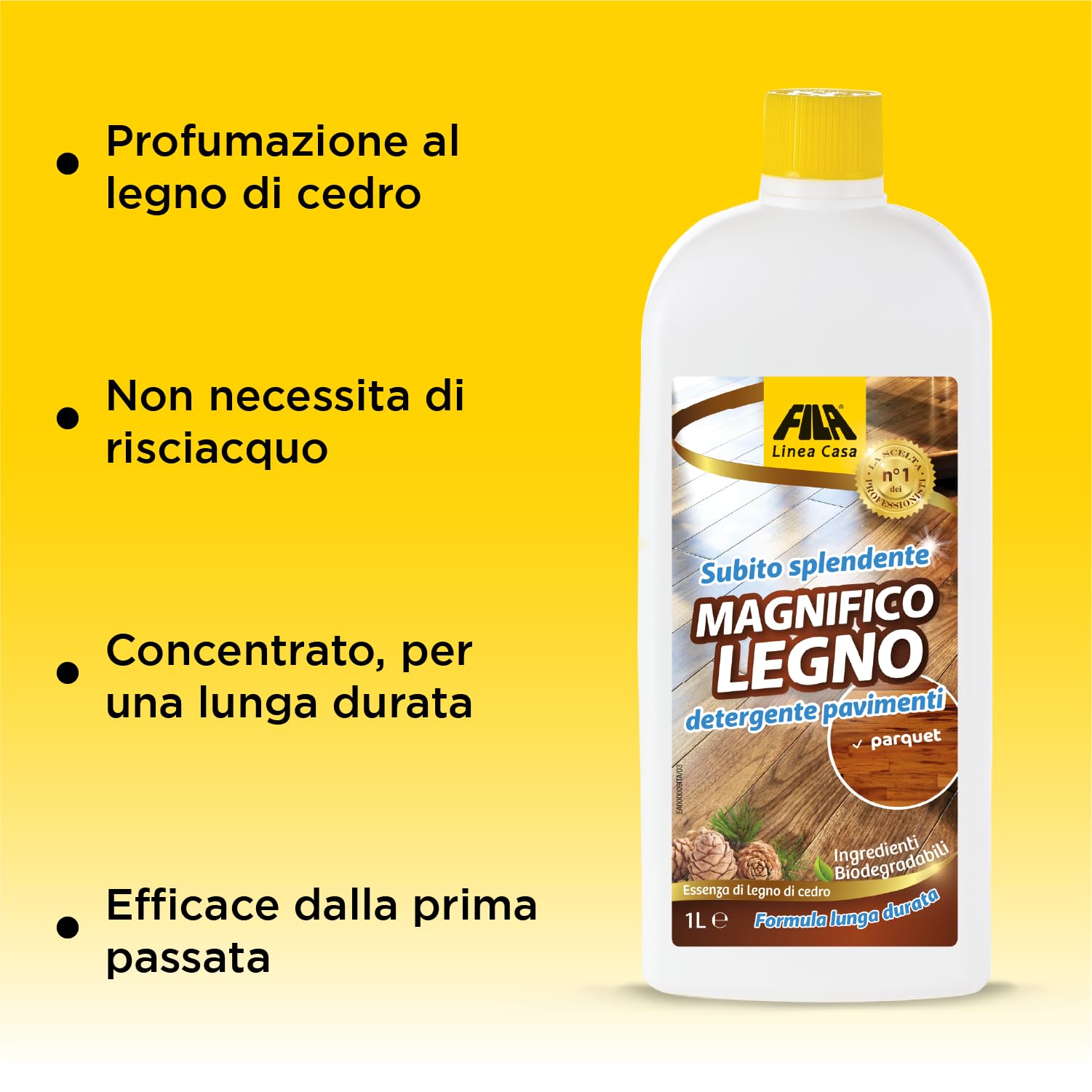FILA Surface Care Solutions, MAGNIFICO LEGNO, Detergente Parquet, Studiato per la Pulizia Parquet e Laminato, Detergente Lava Parquet Profumato al Legno di Cedro, Adatto per le Superfici Delicate,1L