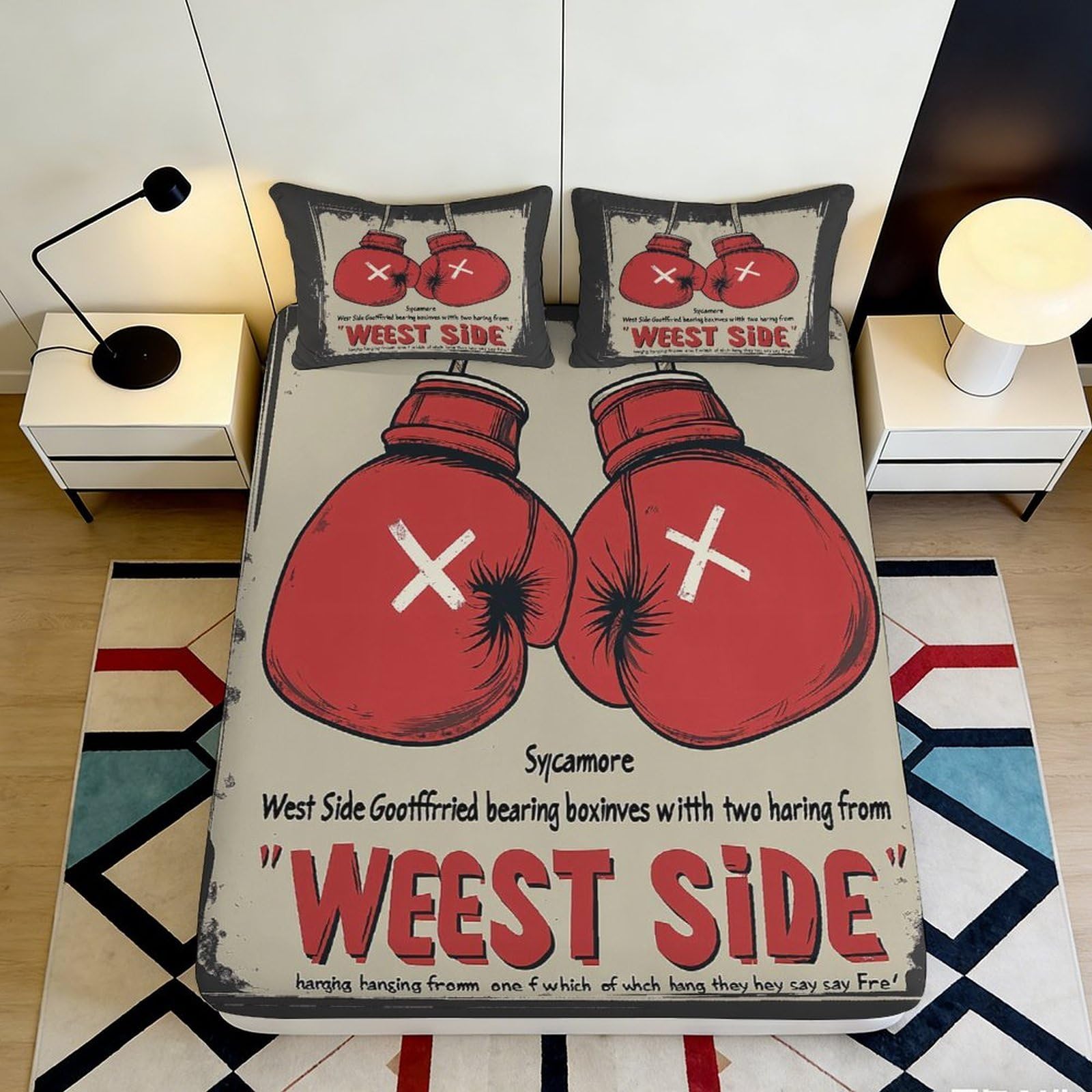 3D Printed Boxing Gloves Fitted Sheet Microfiber Deep Pocket Non-Slip Bedroom Boxing Gloves Mattress Fitted Cover Washable for Adults Teens 140x200x25cm