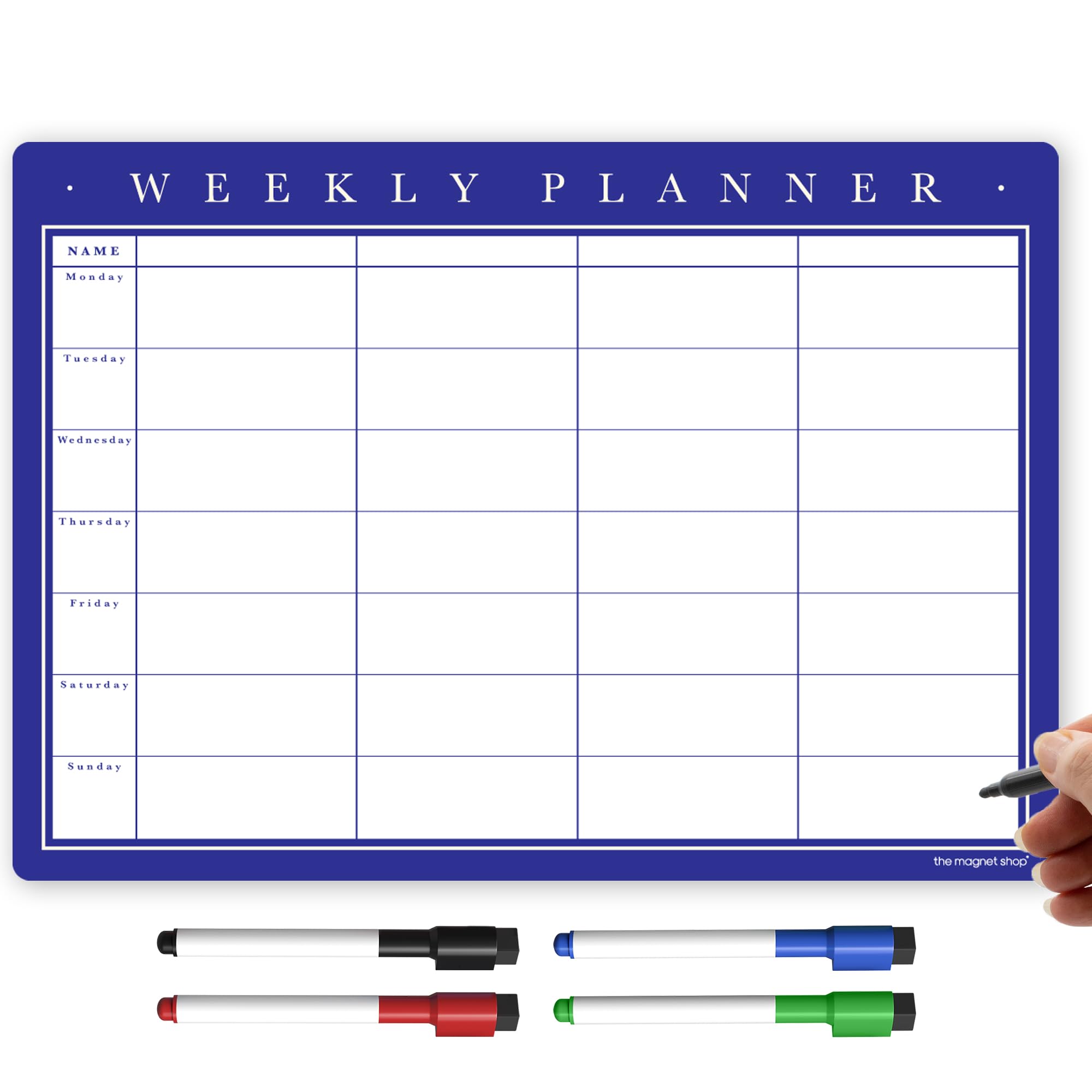 TMS Magnetic Weekly Planner and Organiser A3 | Fully Customisable Whiteboard for Family or Business Tasks and Meal Planning | with 4 Free Magnetic Dry Wipe Pen (Dark Blue, A3)