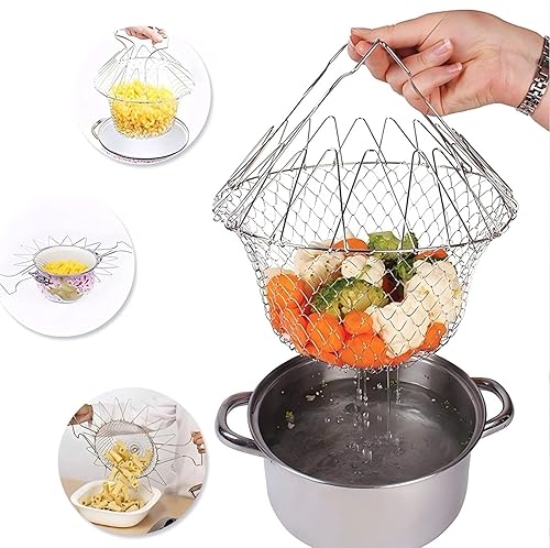 Cesta coladora de malla de acero inoxidable para freír, plegable, colador de alimentos fritos para freír, cocer al vapor, colar, enjuagar (9.1 x 9.1