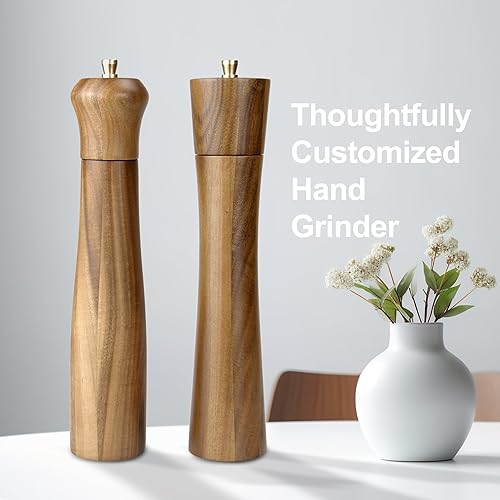 Miniatura 4 de Juego de molinillo de sal y pimienta de madera de 10 pulgadas, molinos de madera de acacia, molinos de especias recargables, molinillo de rotor de
