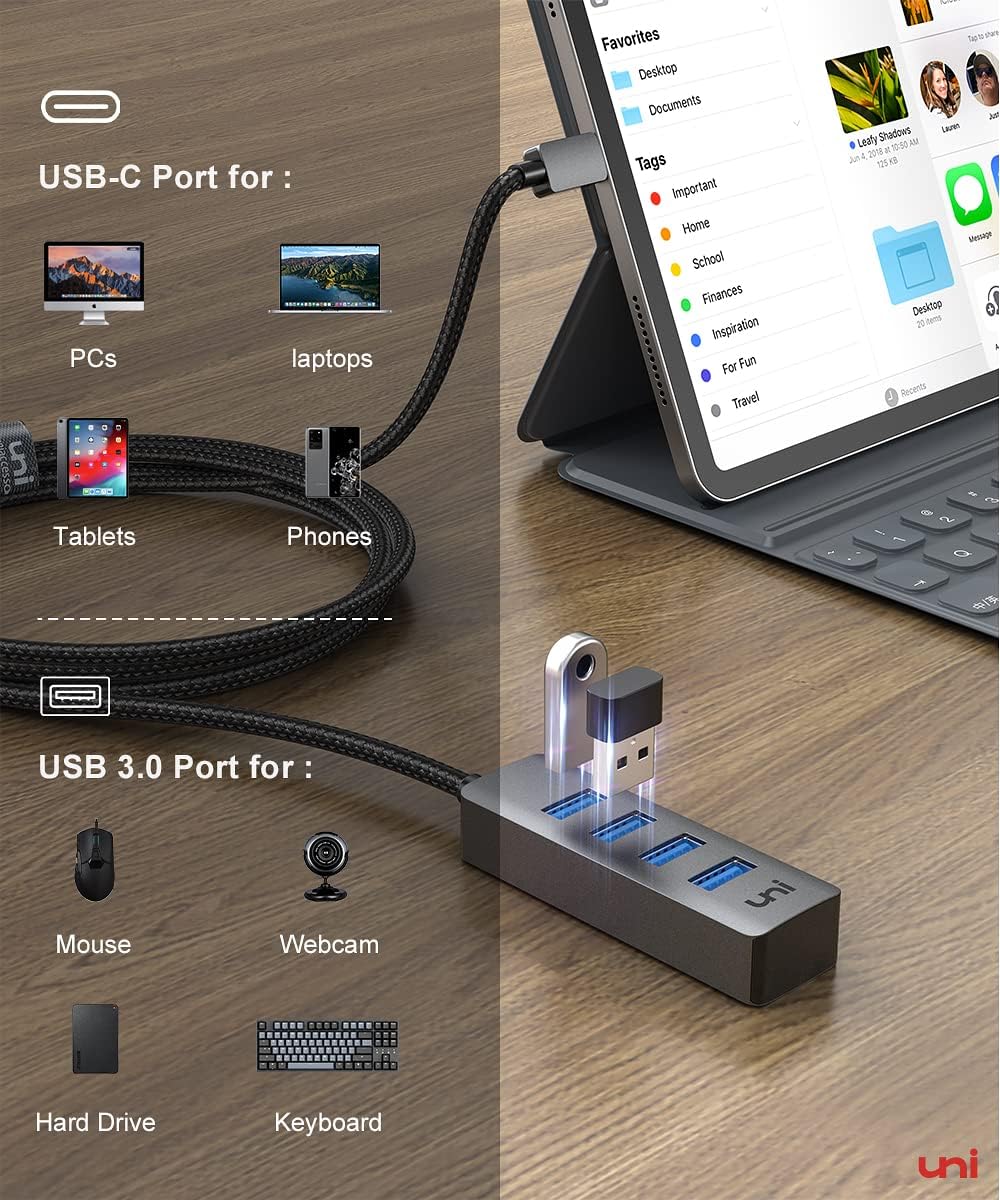 USB C to USB Hub Long Cable 4 FT, uni Slim Type-C to USB 3.0 Splitter [Thunderbolt 3/4 Compatible] for MacBook Pro/Air M1, Dell XPS, Surface Laptop 4 | HDD, MIDI Devices, Webcam and More