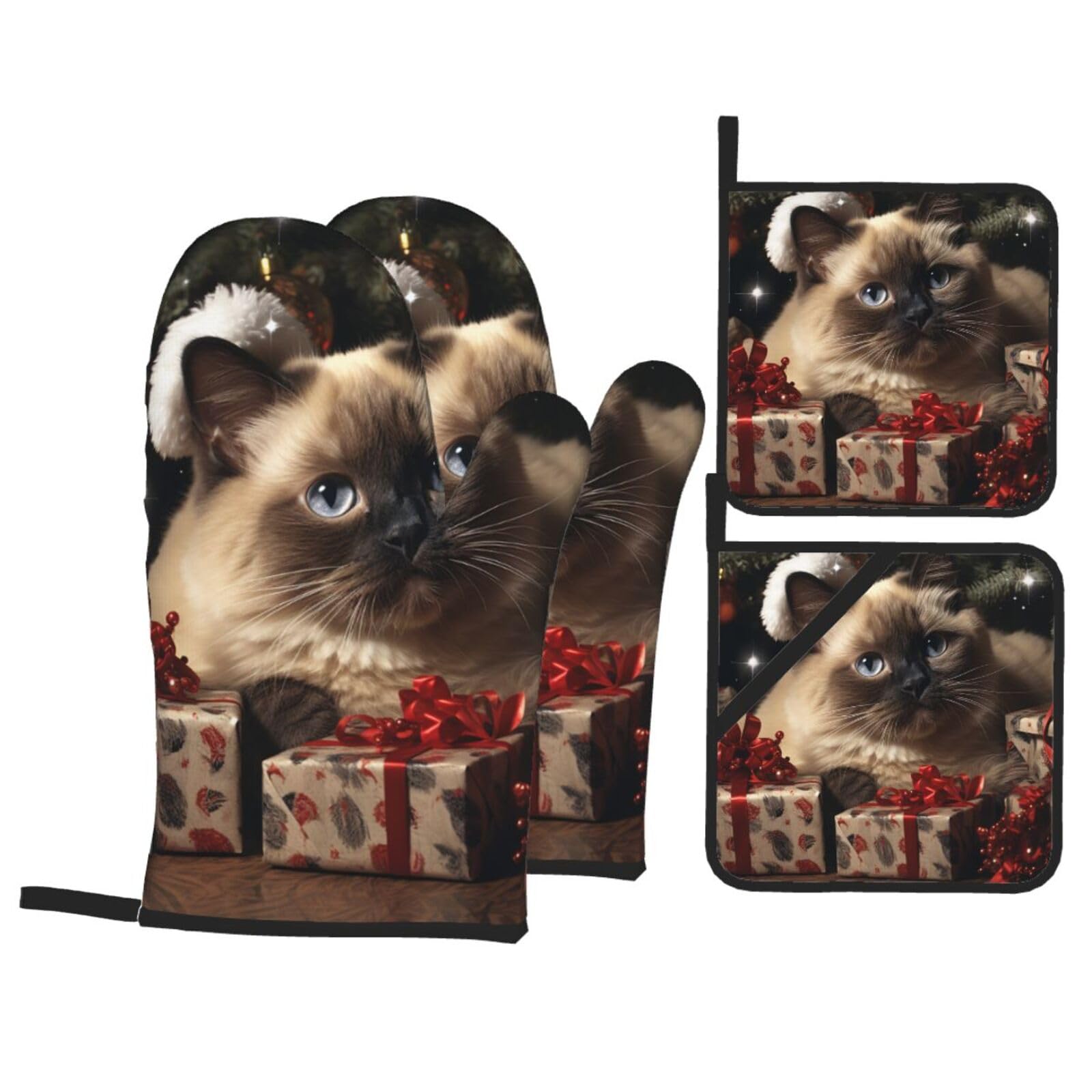 Lot De 4 Maniques Et Gants De Cuisine – Motif Chat Siamois De Noël – Résistants à La Chaleur, Antidérapants - 6