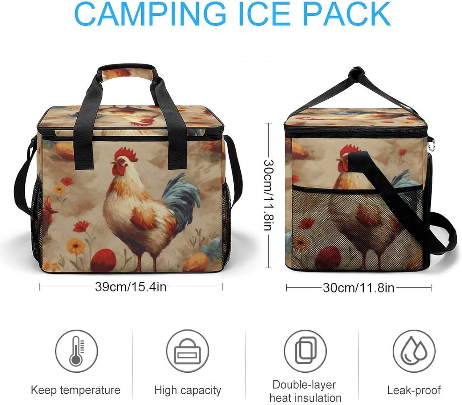 Insulated Picnic Backpack Tote Bag, Large Capacity 30L Art Chicken Animal Painting Cooler Bag Leakproof Beach Bags Portable Lunch Box Waterproof Picnic Basket for Beach Camping BBQ