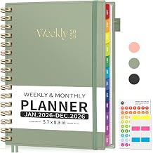 EMSHOI 2026 Planner Weekly and Monthly, Week on One Page with Notes, A5 5.7"x8.3", Jan-Dec 2026 Calendar Agenda with Monthly Tabs, Note Pages, 100GSM Thick Paper, Flexible Cover, Light Green