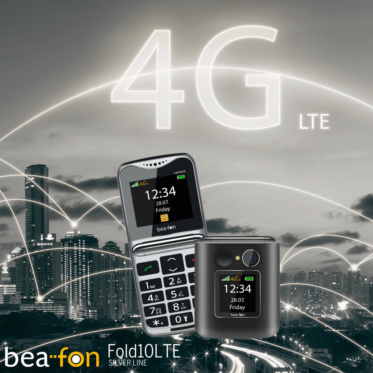 Beafon, Fold10 LTE, telefon z klapką, przycisk połączenia alarmowego SOS, kolorowy wyświetlacz wewnętrzny XL 2,2 (5,58 cm), kolorowy wyświetlacz zewnętrzny XL 1,44" (3,65 cm), wyświetlacz fotokontaktu