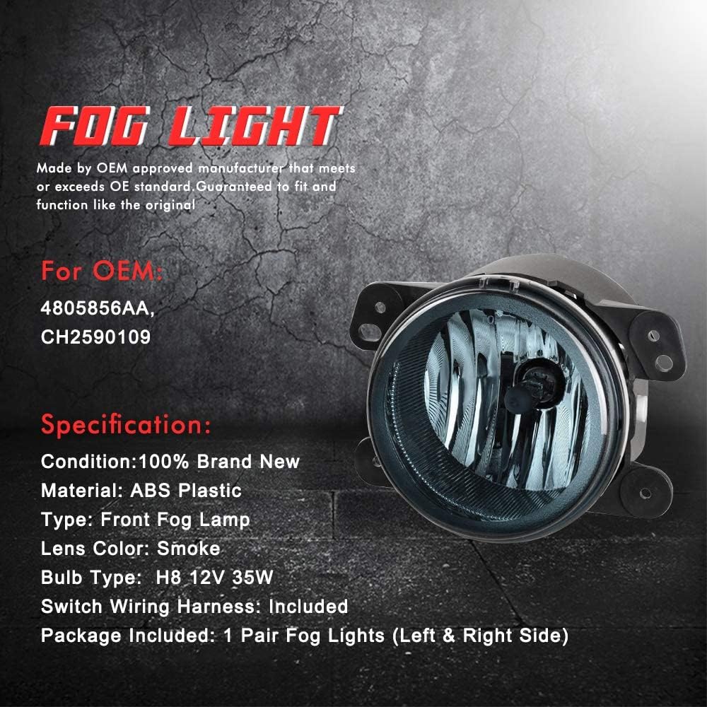 A ABIGAIL Dirving Fog Lights Lamps Replacement for Chrysler PT Cruiser 2006 2007 2008 2009 Dodge Magnum 2005-2008 Journey 2009-2010 Wrangler 2007-2011 (Smoke lens)