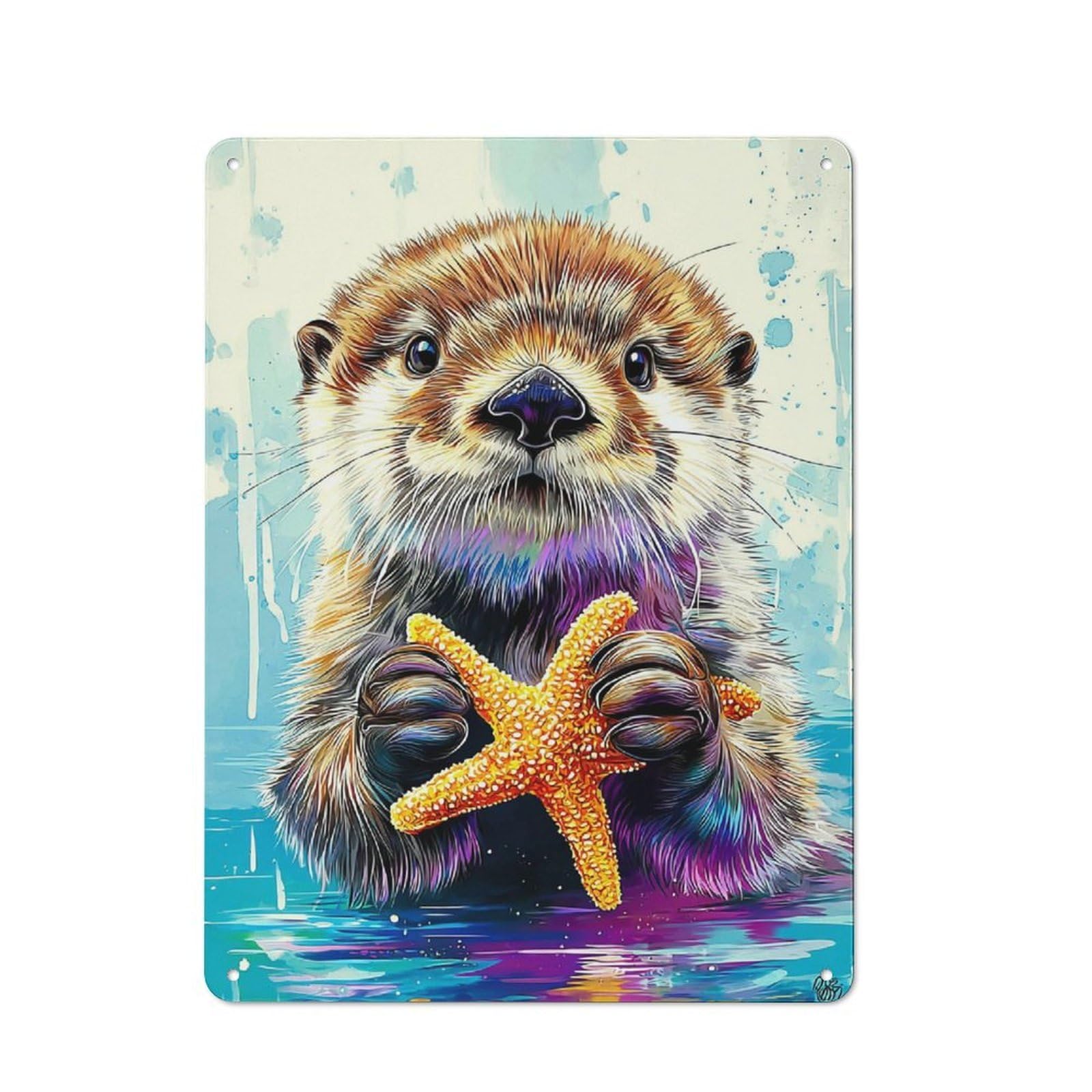 Junmoney Otter With Starfish In Watercolor Retro Metal Sign 40X30cm For Garden Room Or Summerhouse, For Garden Room Decor Fans