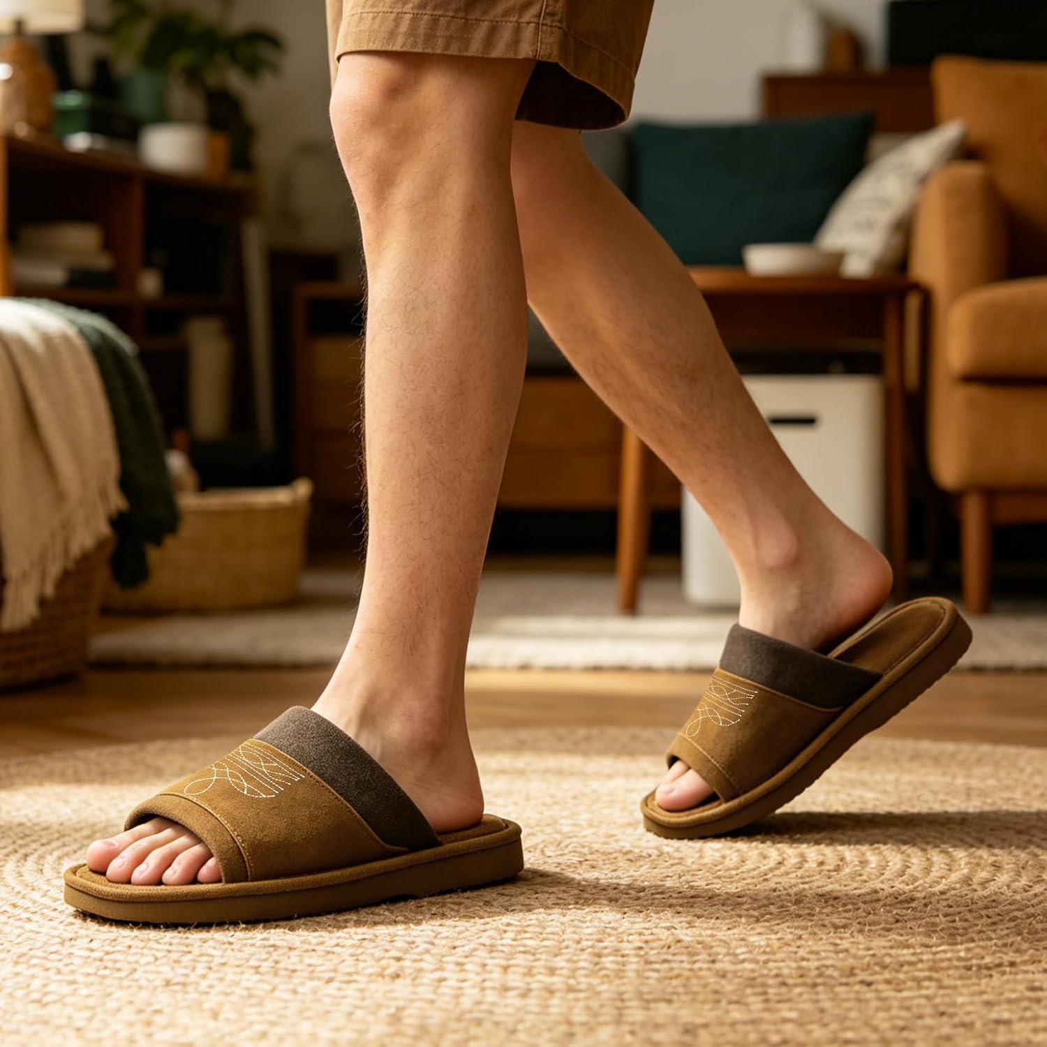 Open Toe Slippers For Men, Square Toe Cowboy Suede Slide Slippers