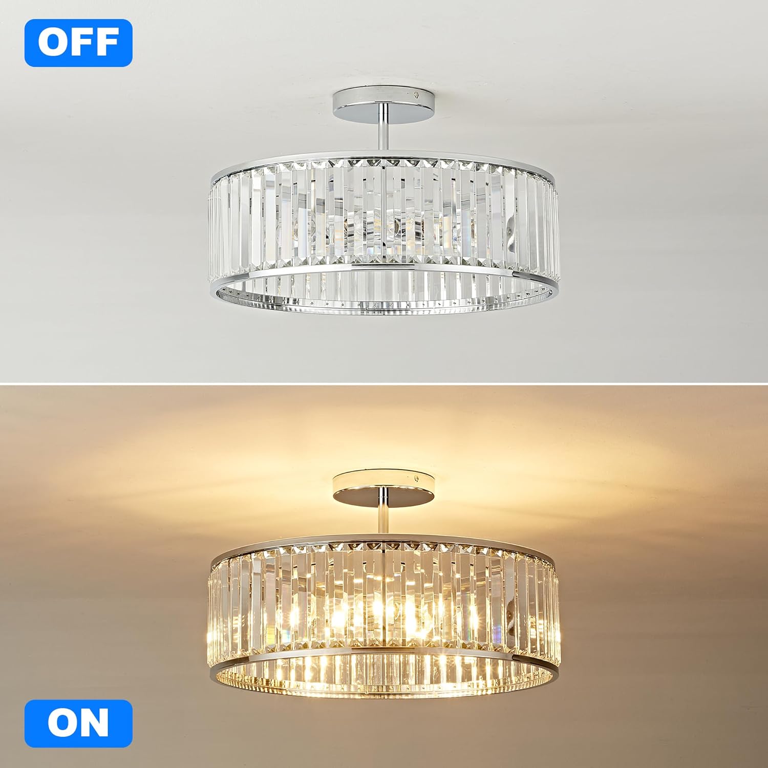 OKELI 19.7 Modern Crystal Chandeliers Semi Flush Mount Ceiling Light, Large Round Crystal Chandelier Ceiling Lights Fixture for Hallway Bedroom Living Room E12*6,Brush Nickel