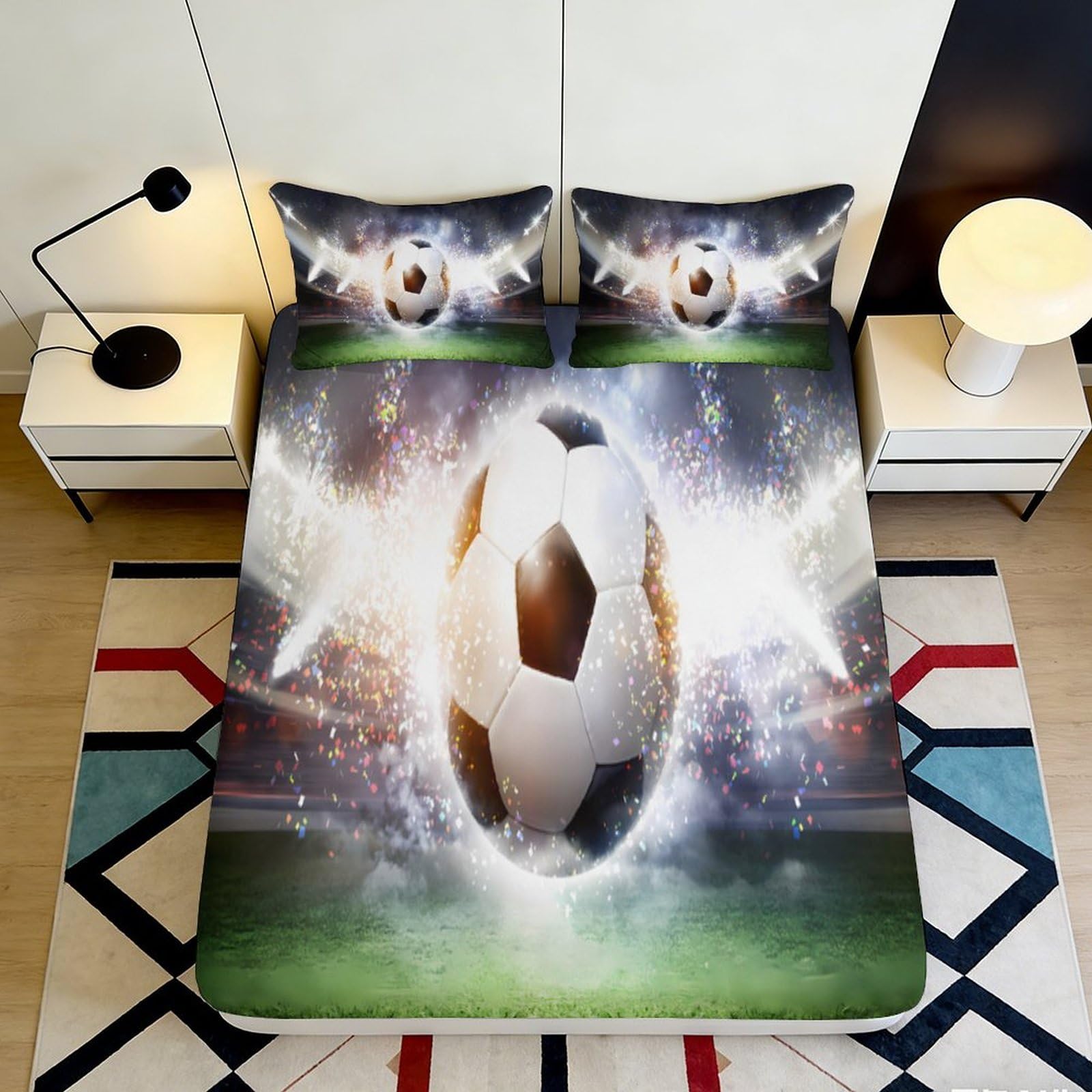 3D Printed Football Stadium Fitted Sheet Microfiber Soft Breathable Soccer Ball Bed Cover for Bedroom Decor 90x200x25cm