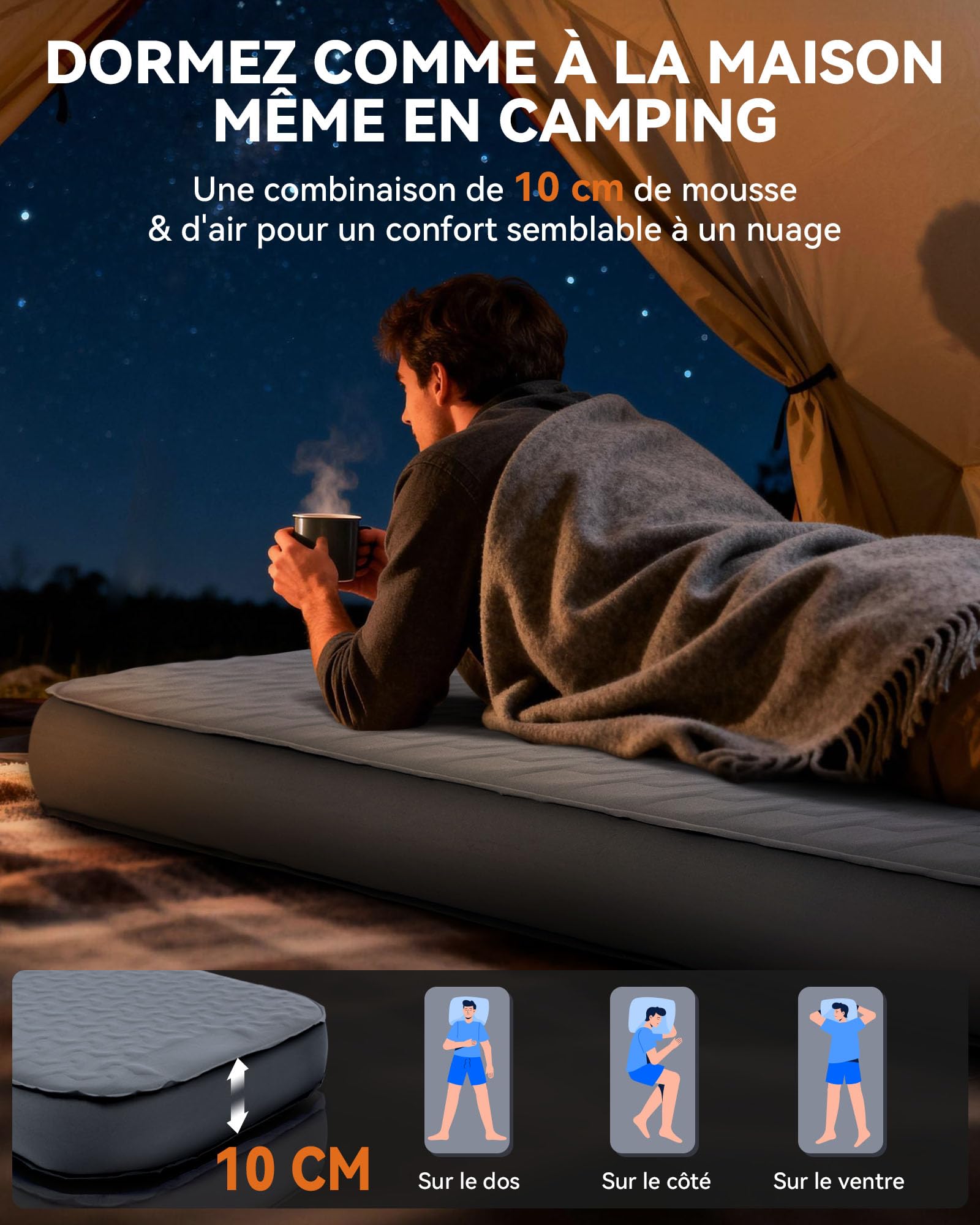 HIKENTURE Matelas Autogonflant avec Pompe Électrique Intégrée - en Mousse | 10cm d'épaisseur - Autogonflage Rapide - Valeur-R 9.5 Haute Isolation - Matelas Camping pour Trekking, Randonnée et Plage