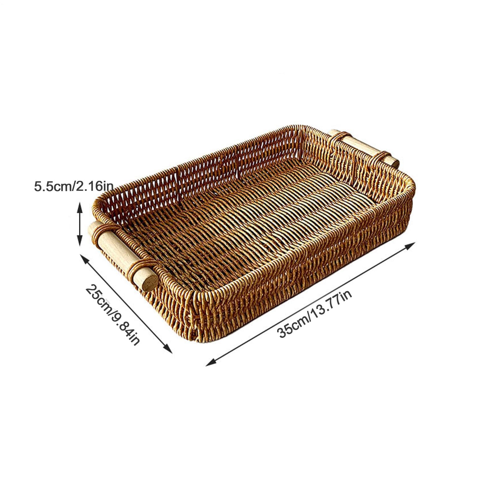 Bandeja de ratán para servir, cesta de mimbre tejida a mano con asas de madera, bandeja rectangular para exhibición de alimentos, mesa de café y tocador de baño, decoración del hogar