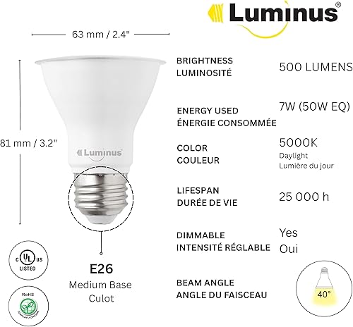 Miniatura 2 de Luminus PLYC3225 Par20 - Bombilla LED regulable de 7 W (50 W) 550 lúmenes, luz diurna 5000 K, paquete de 6