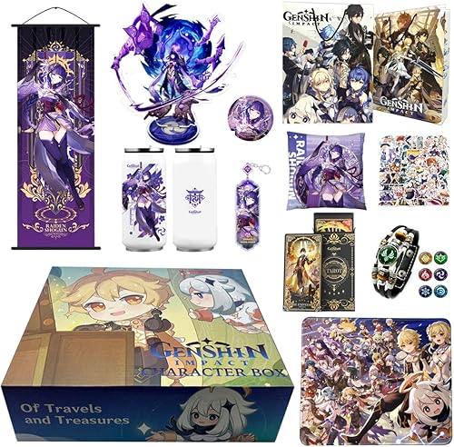 Genshin Impact - Caja de regalo con soporte para figura póster llavero calcomanías pulsera alfombrilla para mouse tarjeta de regalo insignia funda
