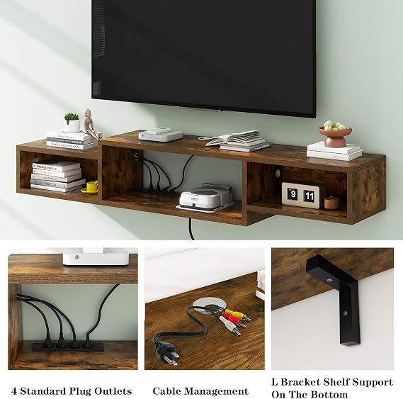 IBUYKE 59 Floating TV Stand Wall Mounted with Power Outlet,Wood Wall Mounted Media Console Shelf,Floating Entertainment Center for Under TV Storage for Living Room Bedroom Office,Rustic Brown WST007H