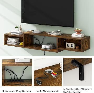 IBUYKE 59 Floating TV Stand Wall Mounted with Power Outlet,Wood Wall Mounted Media Console Shelf,Floating Entertainment Center for Under TV Storage for Living Room Bedroom Office,Rustic Brown WST007H