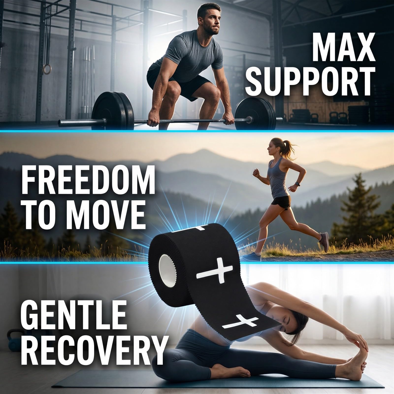 4 Stück Athletic Tape, 5 cm x 7 m, 4 Rollen, 2 Schwarz und 2 Weiß, aus atmungsaktiver Baumwolle, selbstklebend, für Sport, Krafttraining, Jogging und Gelenkunterstützung