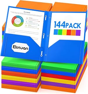 Ellinjan 144 Pack Plastic Folders with Pockets and Prongs, 2 Pocket Folders with Brads, Heavy Duty Bulk Folders in 6 Colors, Letter Size for School Office Supplies