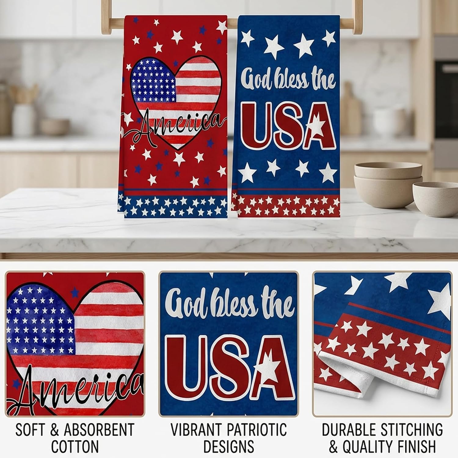 Patriotic Kitchen Towels, Memorial Day Decorations, Patriotic Decor for Kitchen, Dish Towels Set of 2, American Star Design, 43 cm by 66 cm Kitchen Towels for Home Decor
