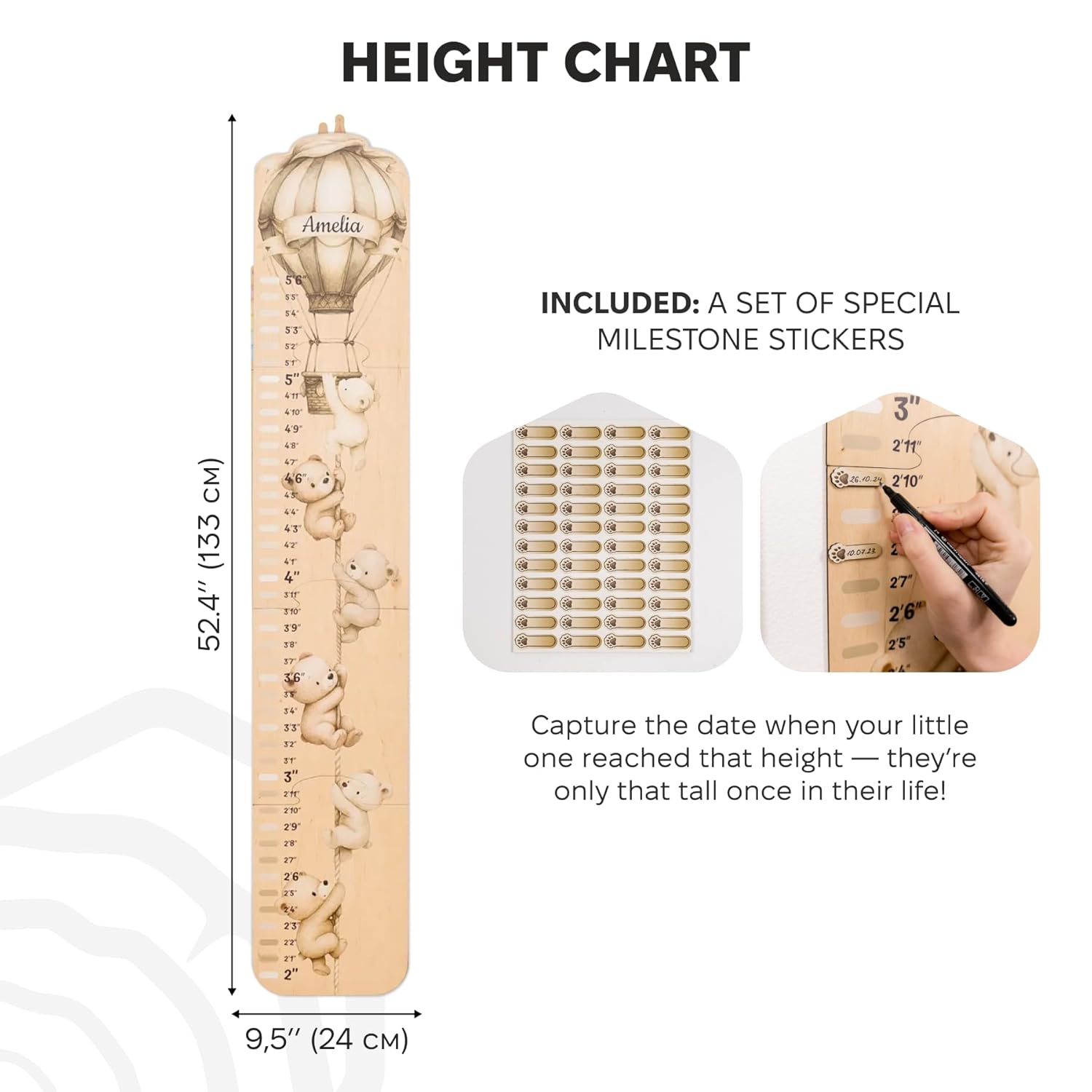 ENJOY THE WOOD Kids Wooden Growth Chart for Wall with Optional Photo Frames - Wall Mounted Height Chart for Kids - Nursery & Playroom Decor Wooden Ruler - Height Measurement Tool (Teddy Bears)