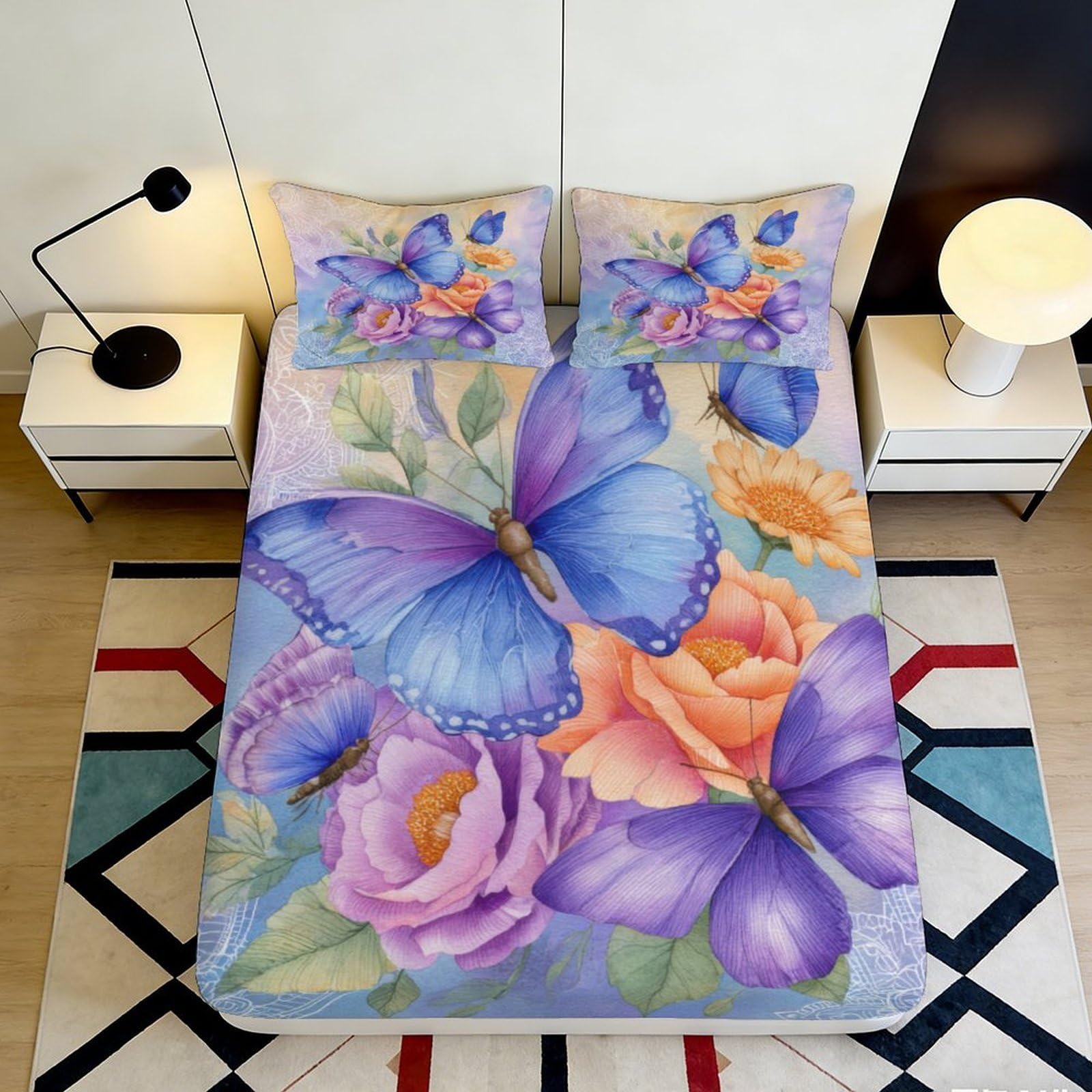 3D Printed Blue Butterfly Floral Fitted Sheet Microfiber Soft Breathable Mattress Cover for Bedroom Guest Room Decor 90x200x25cm