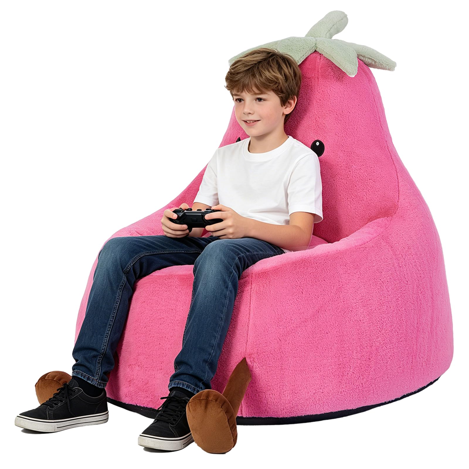31 Inches Memory Foam Bean Bag Chair - Ultra Soft Faux Rabbit Fur Round Sofa with Handle &amp; Machine Washable Cover, Eggplant-Shaped Kids Reading Chair for Bedroom, Living Room and Playroom, Magenta