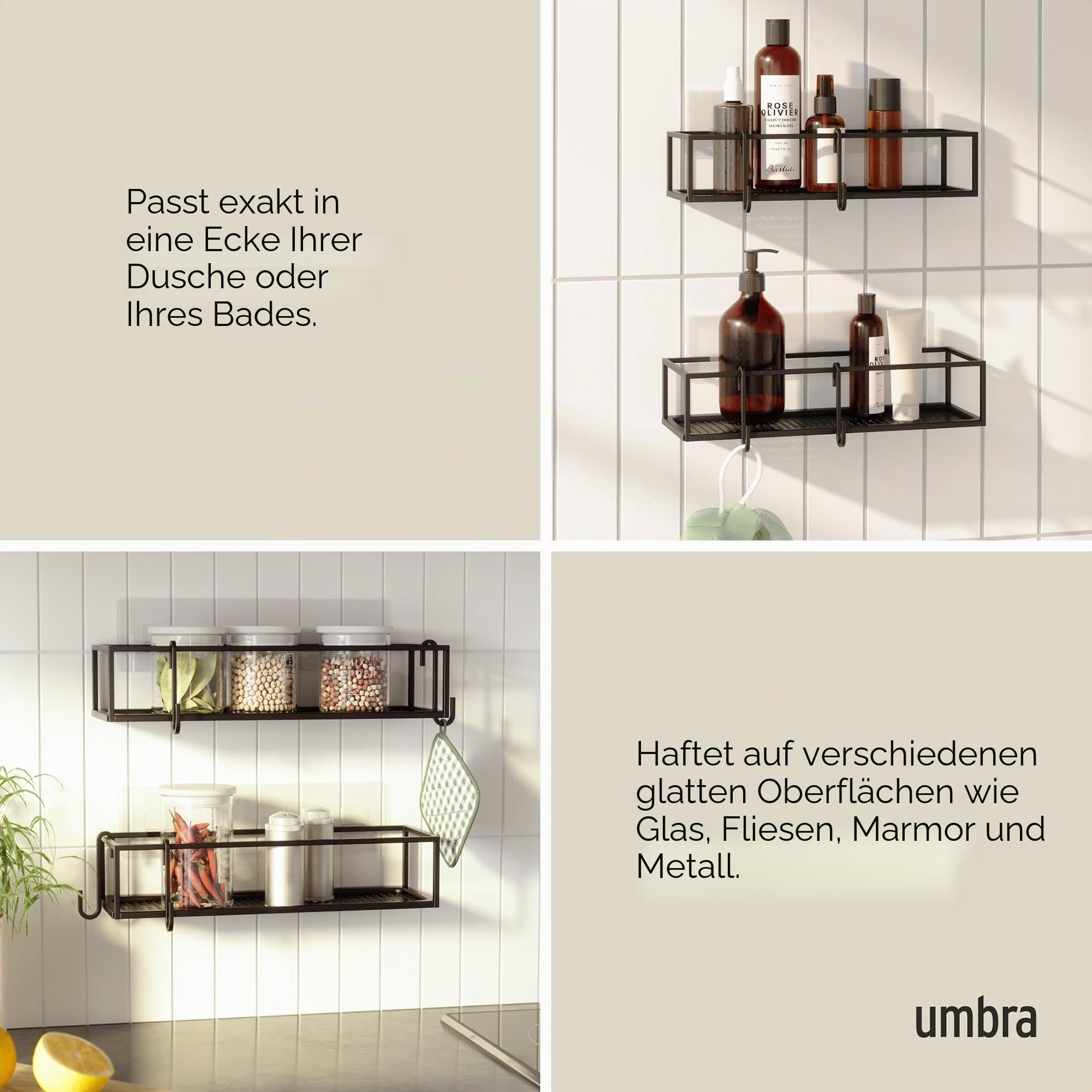 Umbra Cubiko Duschablage ohne Bohren mit Haken, 2er-Set, Schwarz | Metall, wasserfester Klebestreifen, 4,5 kg Tragkraft, rostbeständig, für Fliesen und Beton